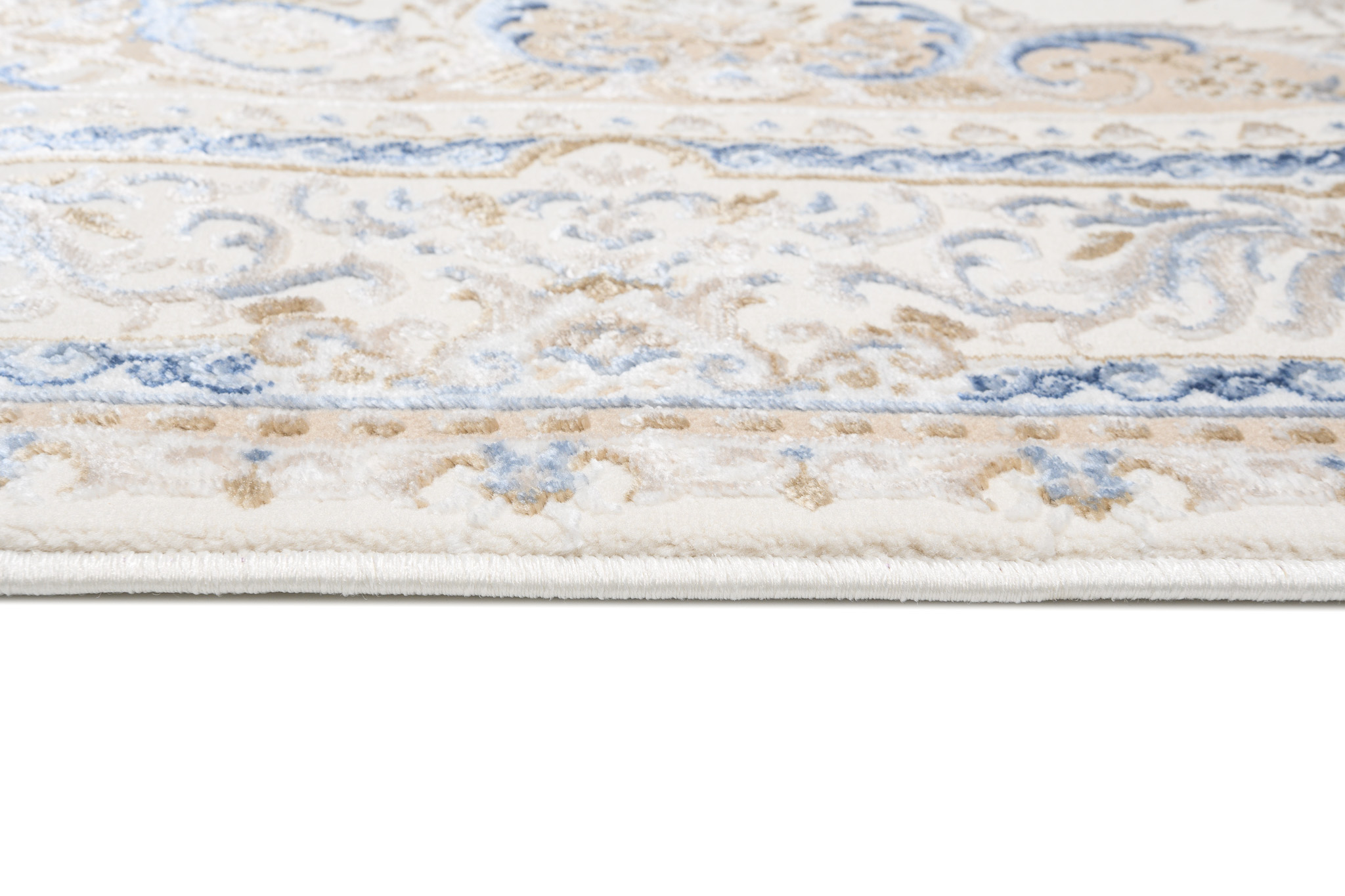 Teppich Hera Creme Beige Blau Medaillon 3D-Effekt