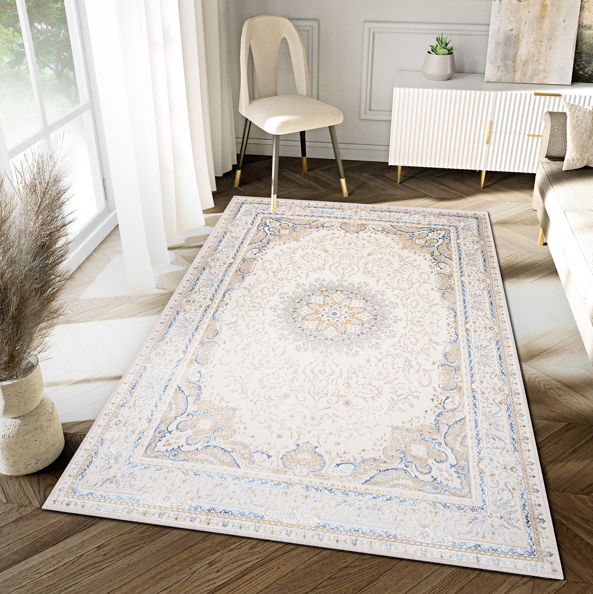 Teppich Hera Creme Beige Blau Medaillon 3D-Effekt