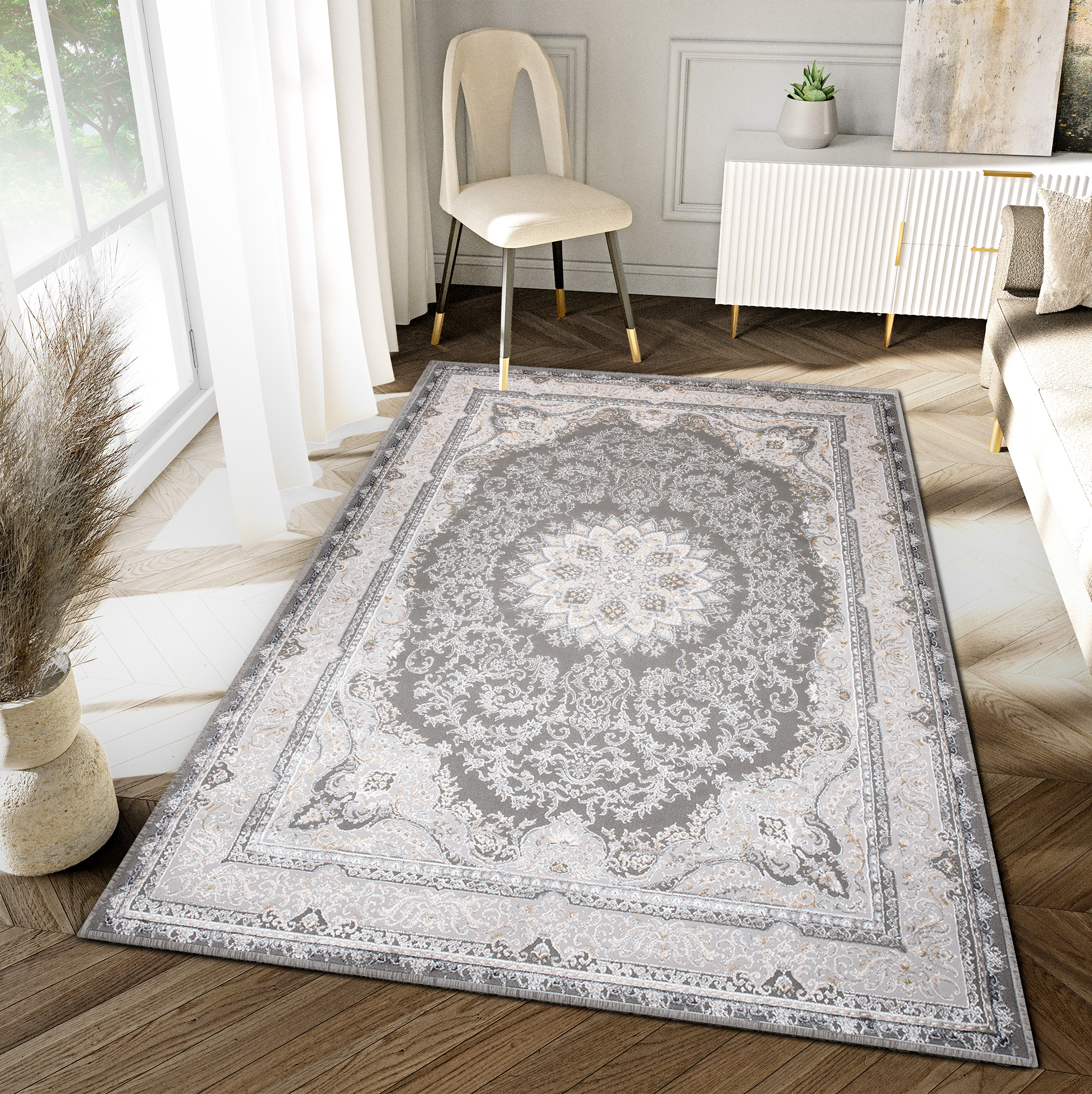Teppich Hera Grau Beige Creme Klassisch 3D-Effekt