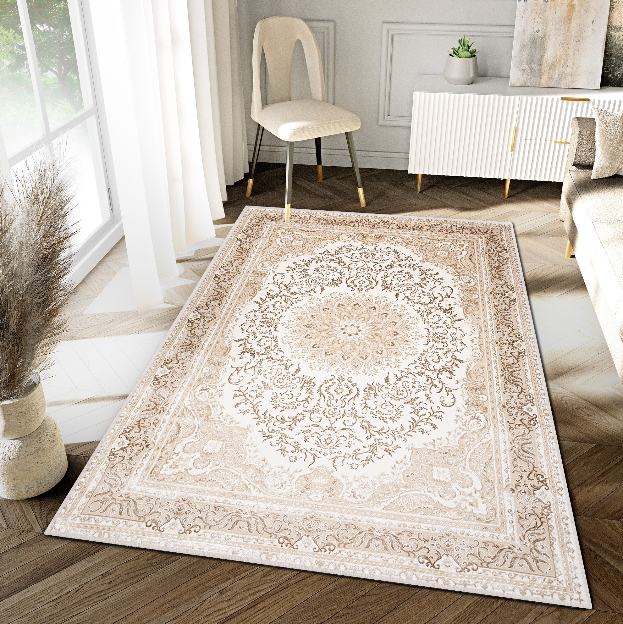 Teppich Hera Creme Braun Klassisch Rosette 3D-Effekt