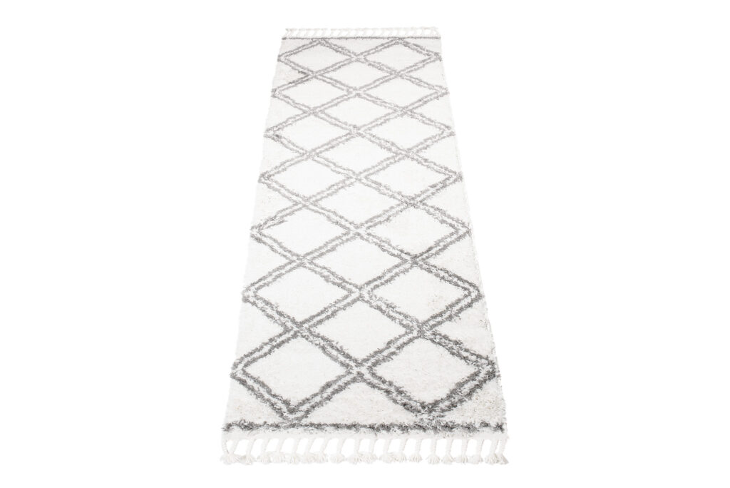 Teppichläufer Boho mit Fransen Creme Gitter Shaggy
