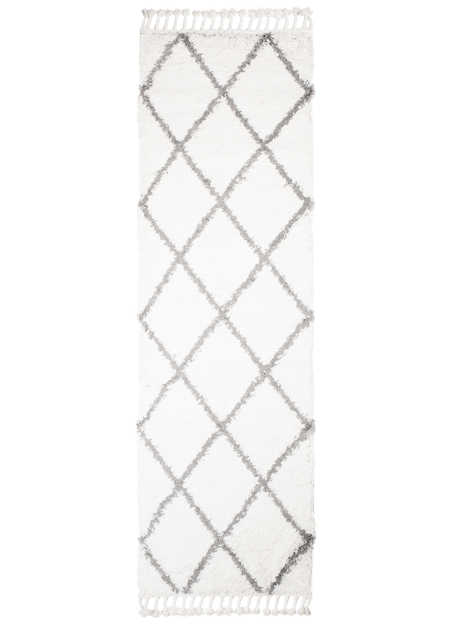 Teppichläufer Boho mit Fransen Creme Rauten Shaggy