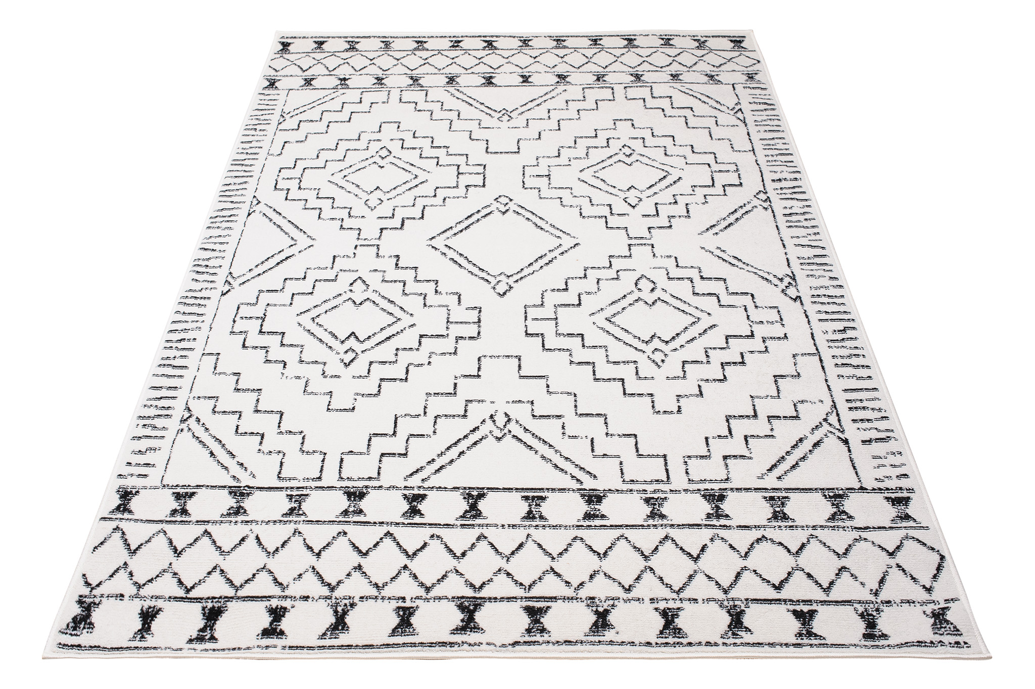 Teppich Juno Kurzflor Creme Schwarz Ethno Boho Stil