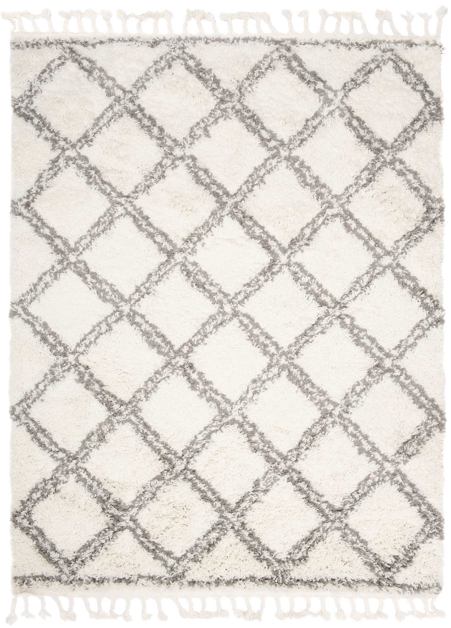 Teppich Boho mit Fransen Creme Gitter Shaggy