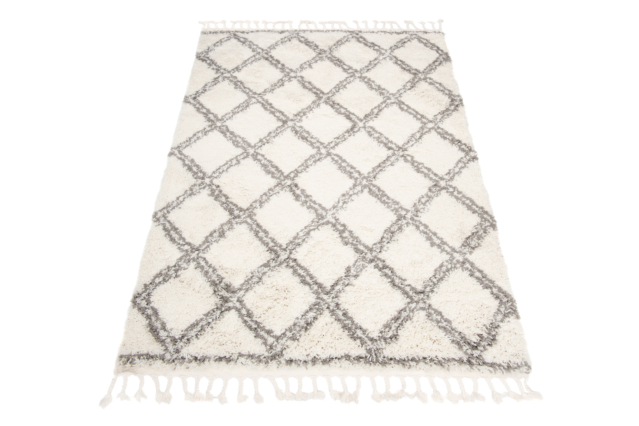 Teppich Boho mit Fransen Creme Gitter Shaggy