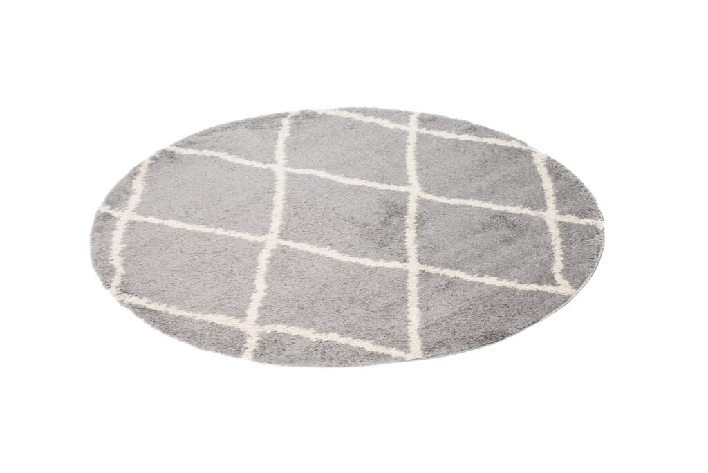 Teppich Boho Rund Grau Gitter Shaggy