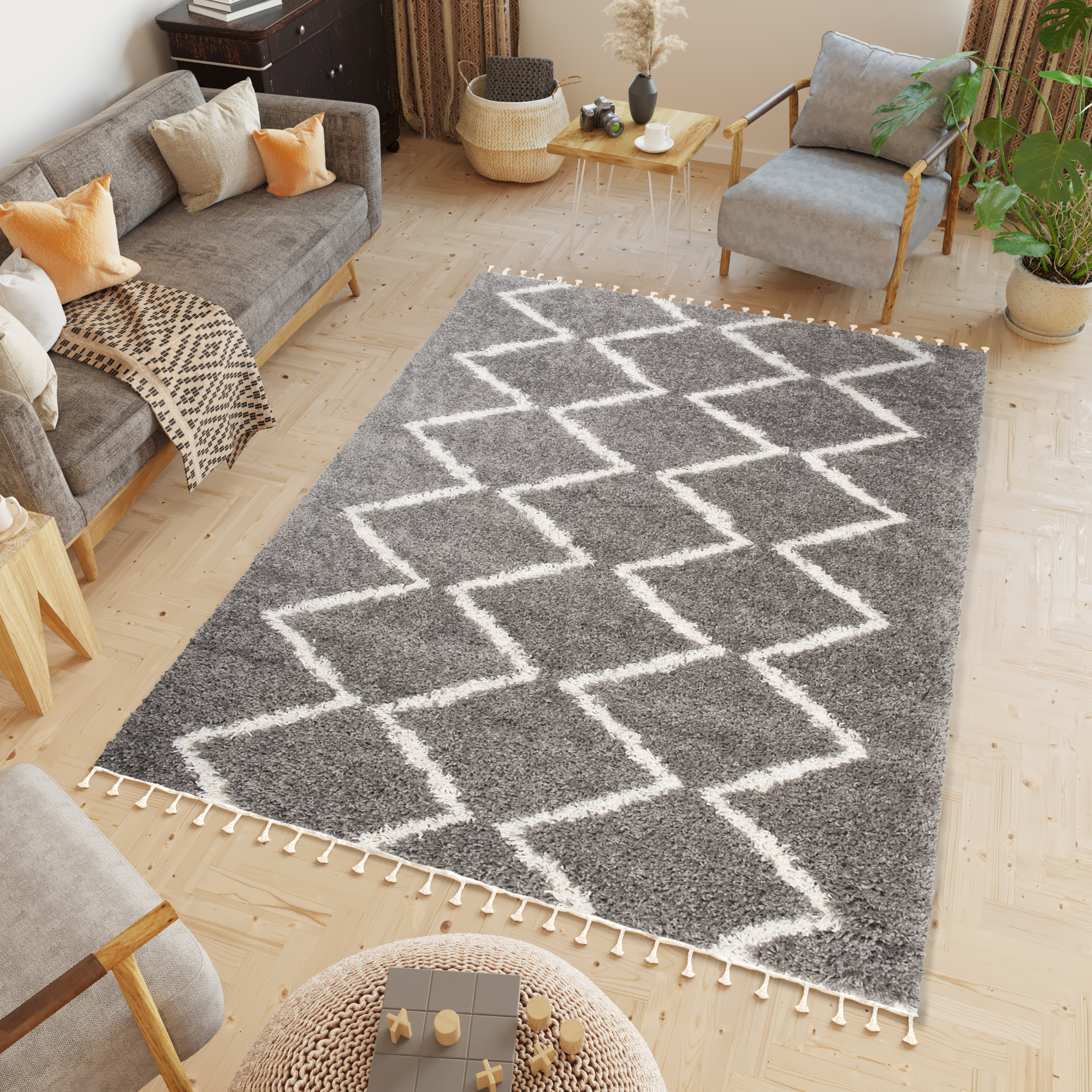 Teppich Boho mit Fransen Grau Zigzag Shaggy