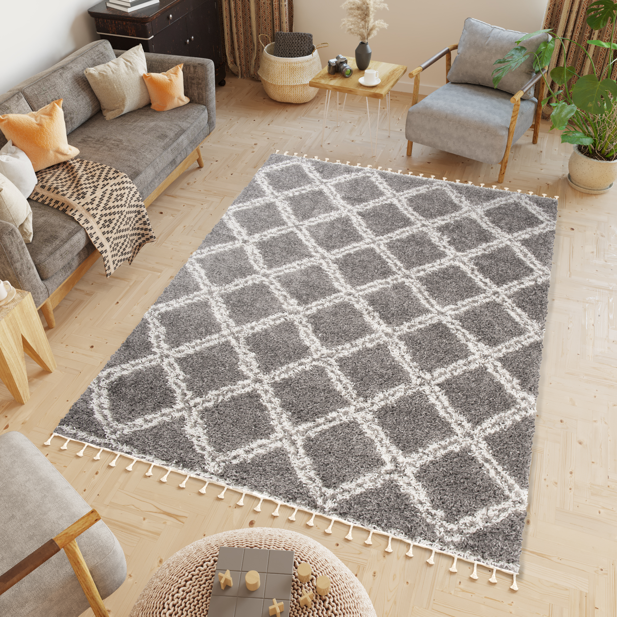 Teppich Boho mit Fransen Grau Gitter Shaggy