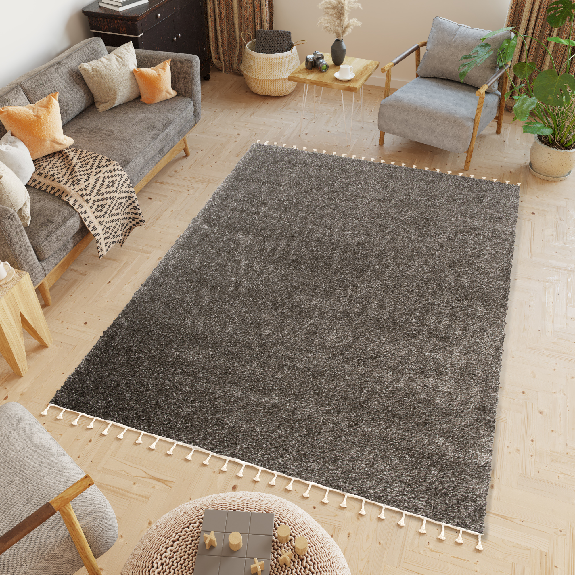 Teppich Boho mit Fransen Taupe Grau Shaggy