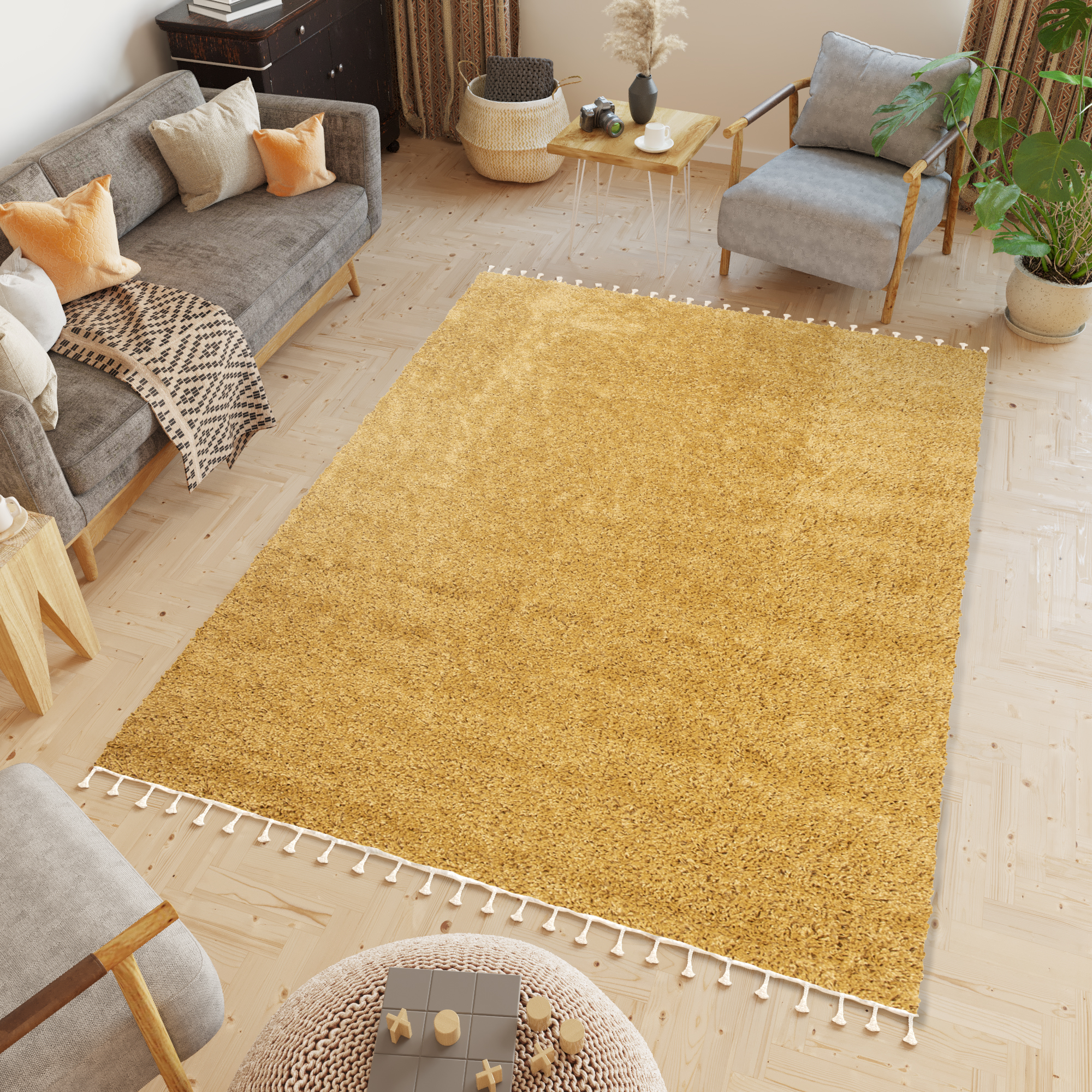Teppich Boho mit Fransen Senfgelb Shaggy