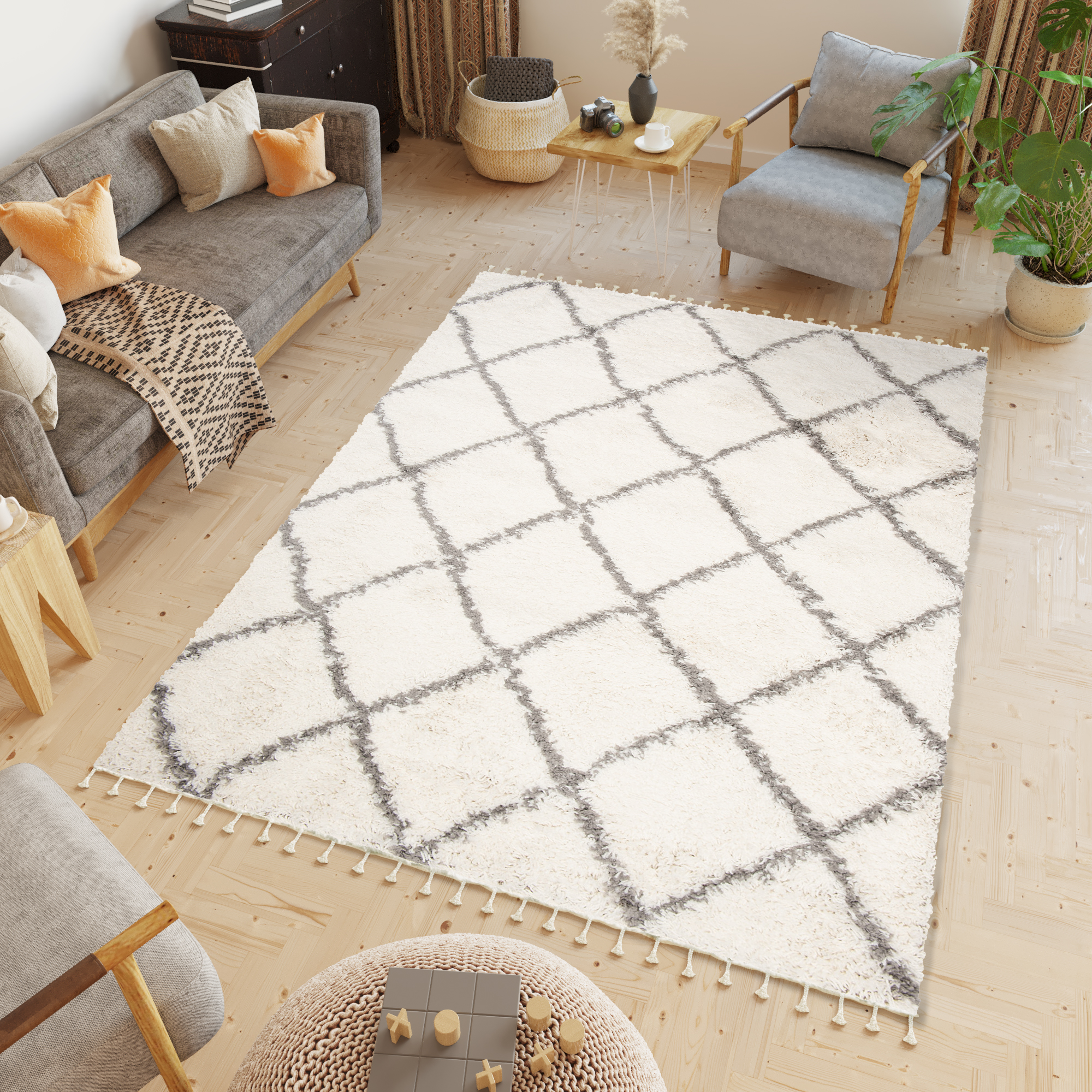Teppich Boho mit Fransen Creme Rauten Shaggy