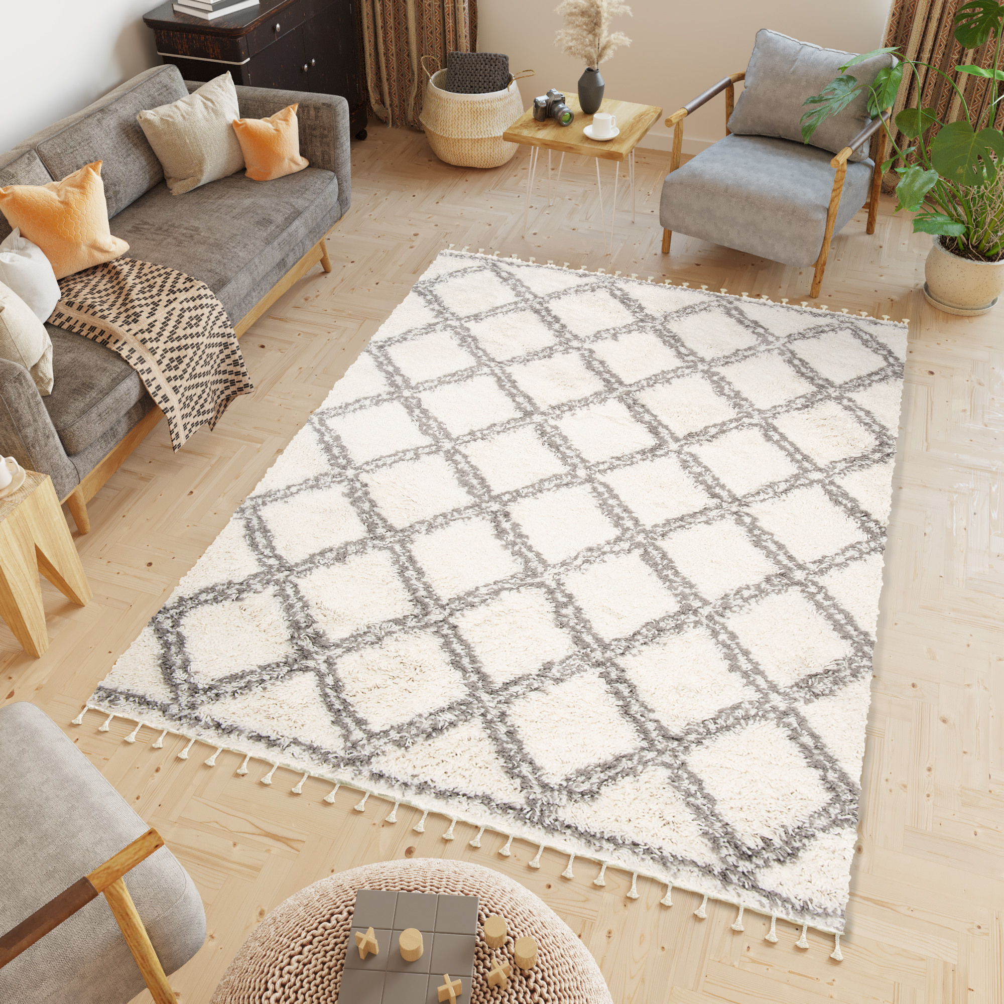 Teppich Boho mit Fransen Creme Gitter Shaggy