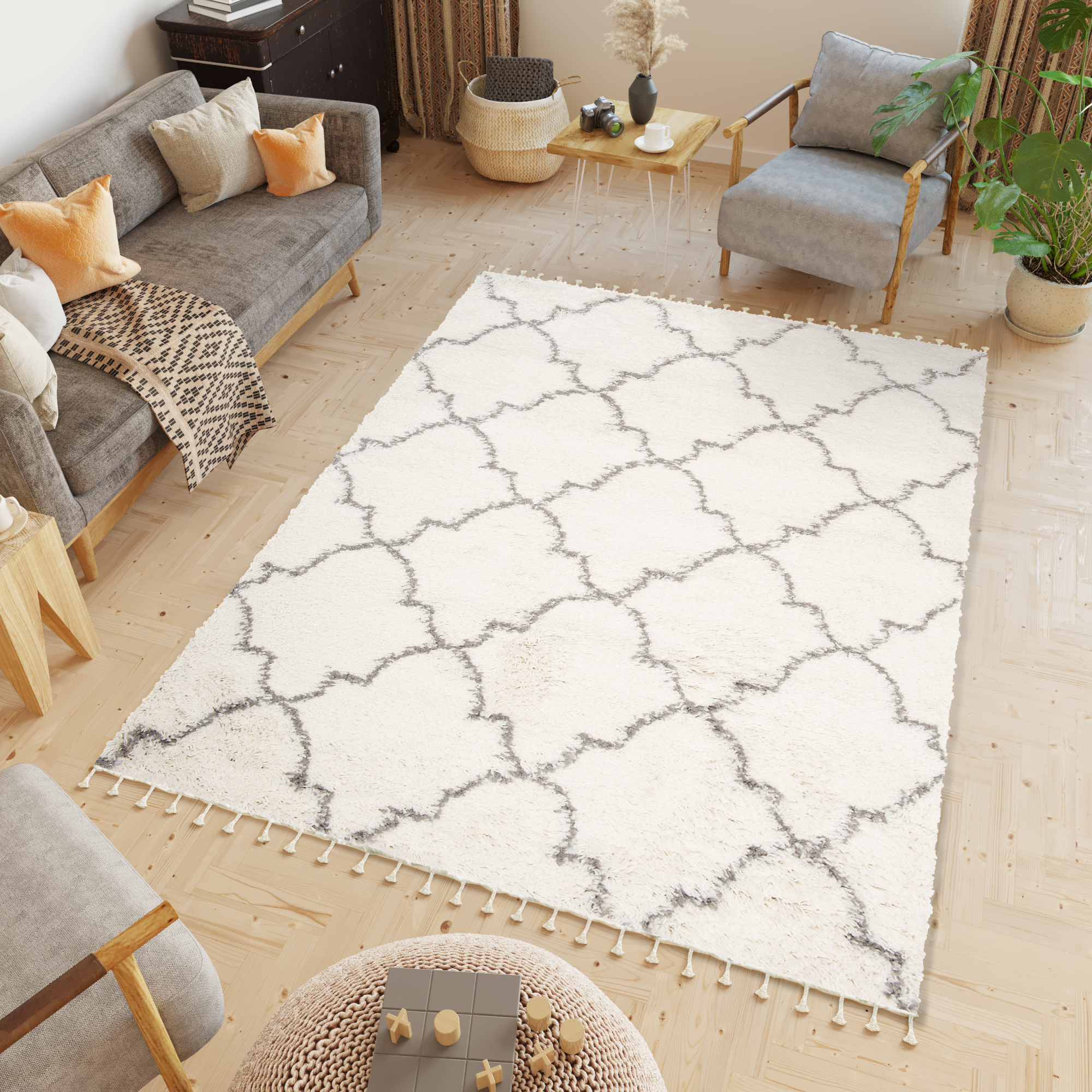 Teppich Boho mit Fransen Creme Marokkanisch Kleeblatt