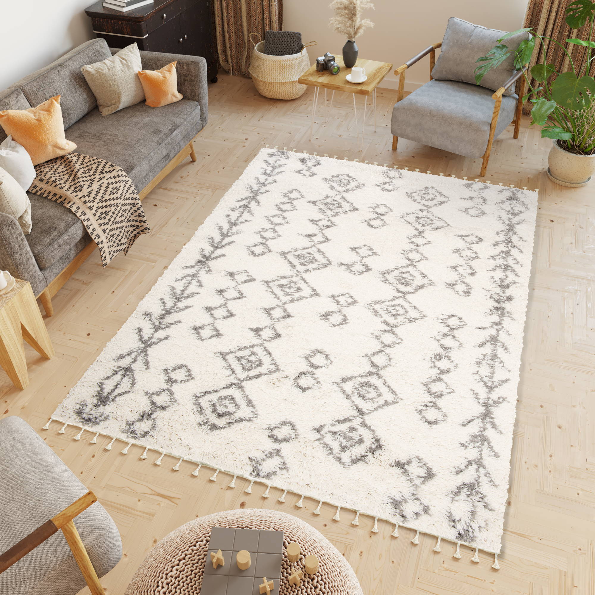 Teppich Boho mit Fransen Creme Geometrisch Shaggy