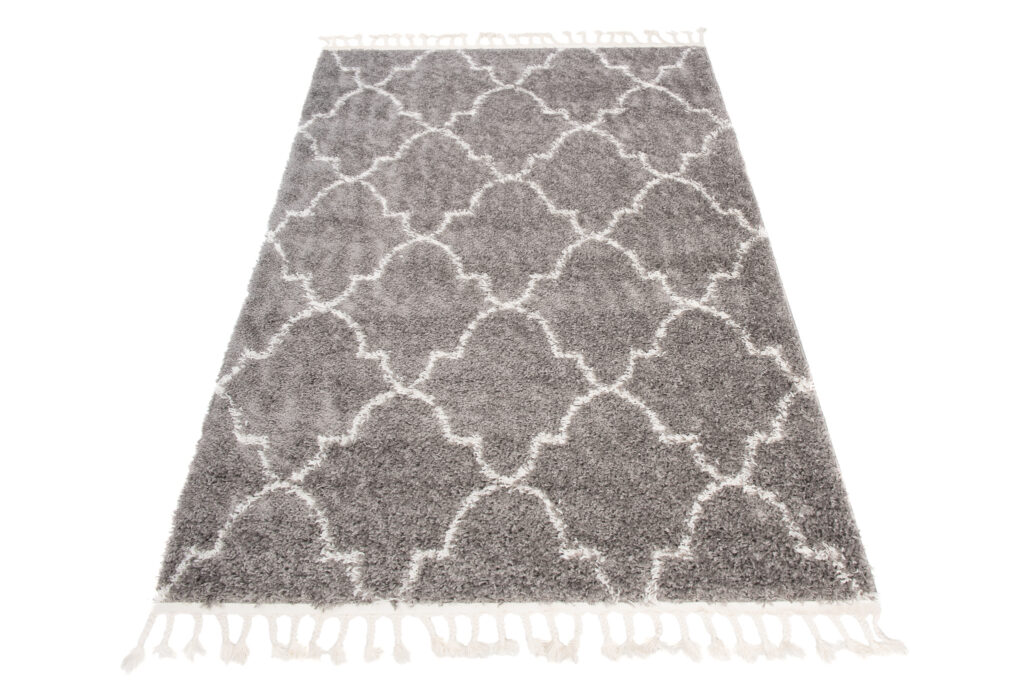 Teppich Boho mit Fransen Grau Marokkanisch Kleeblatt