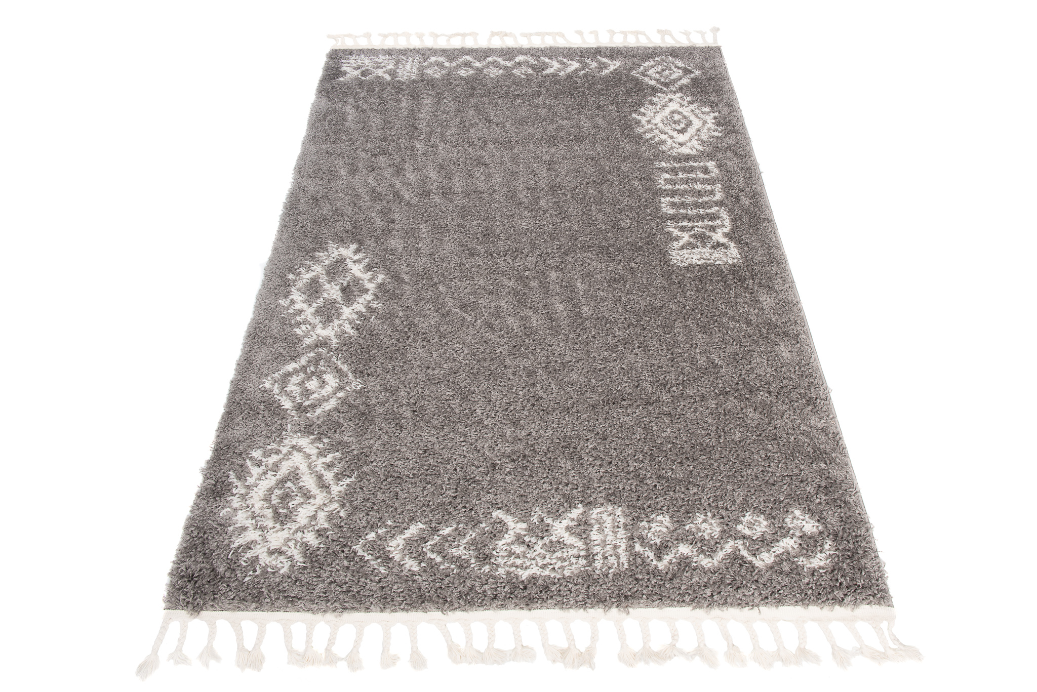 Teppich Boho mit Fransen Grau Ethno Shaggy