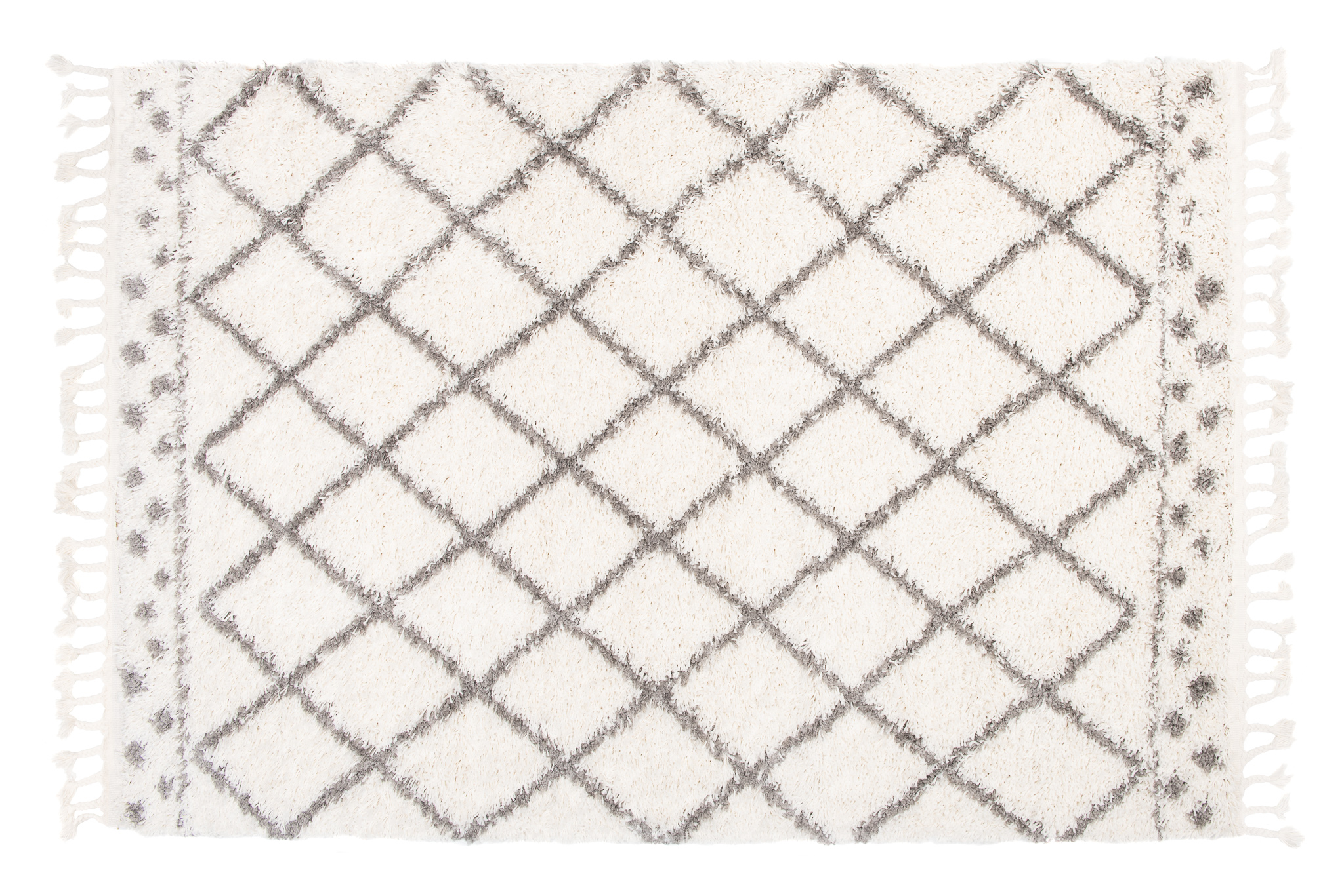 Teppich Boho mit Fransen Creme Gitter Punkte Shaggy