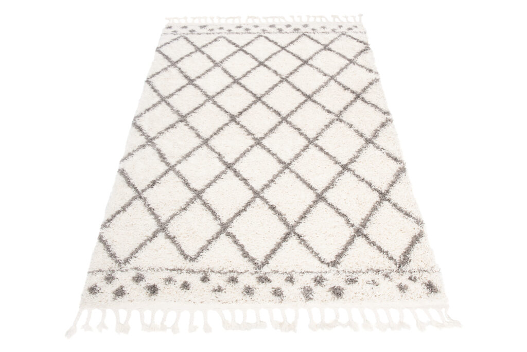 Teppich Boho mit Fransen Creme Gitter Punkte Shaggy