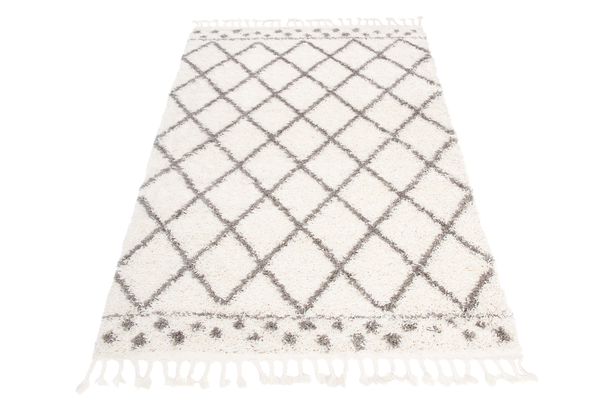 Teppich Boho mit Fransen Creme Gitter Punkte Shaggy