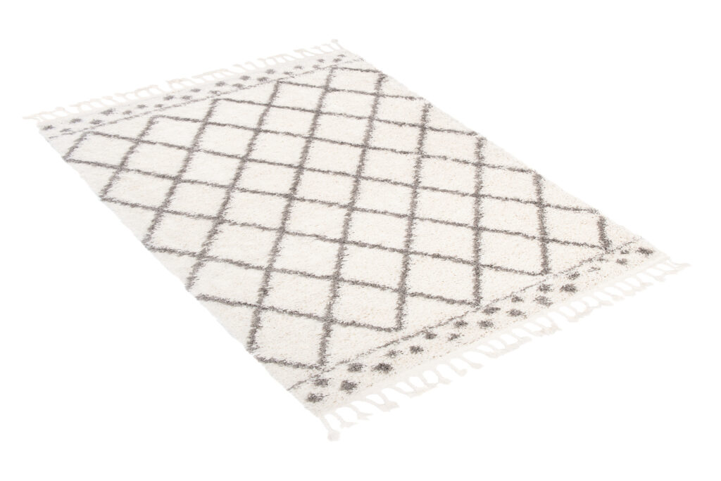 Teppich Boho mit Fransen Creme Gitter Punkte Shaggy