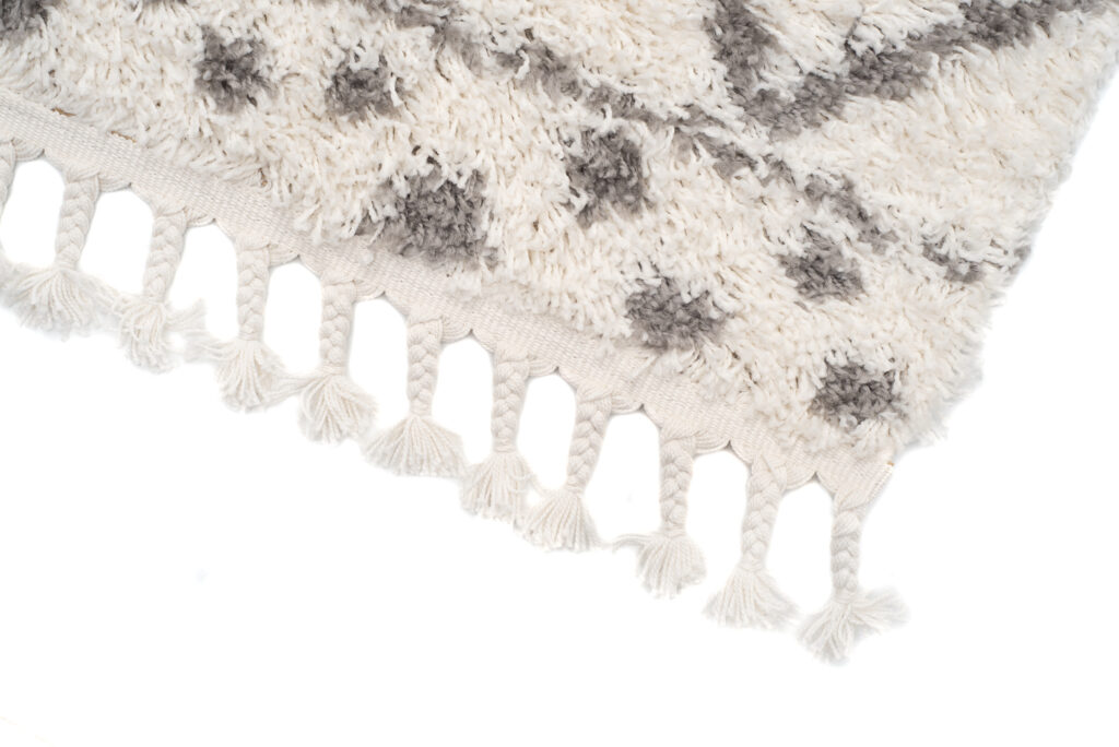 Teppich Boho mit Fransen Creme Gitter Punkte Shaggy
