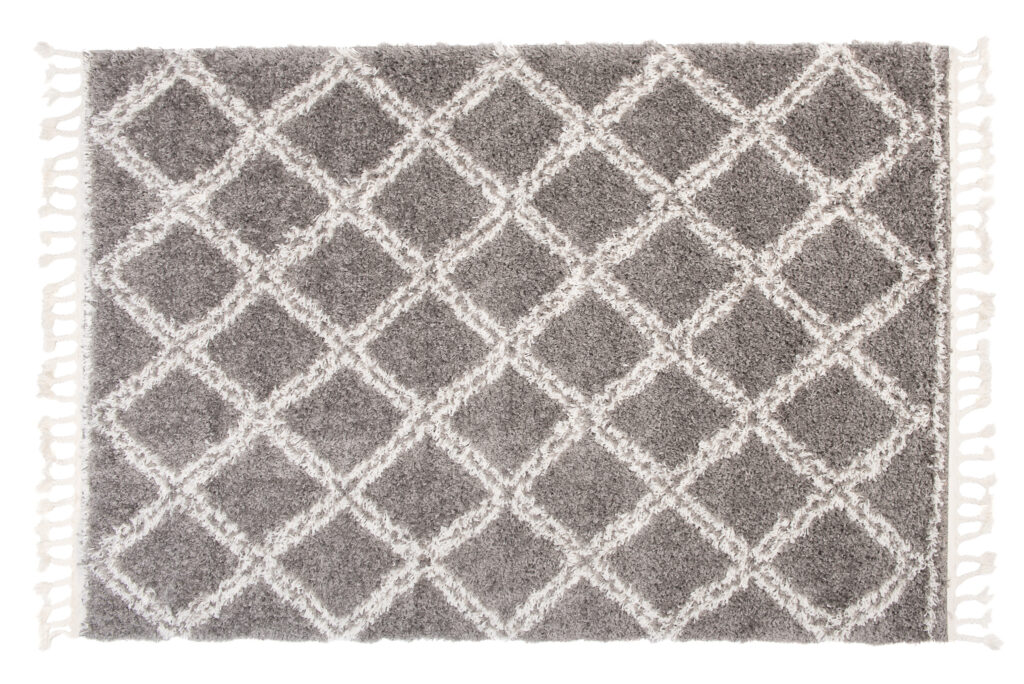 Teppich Boho mit Fransen Grau Gitter Shaggy