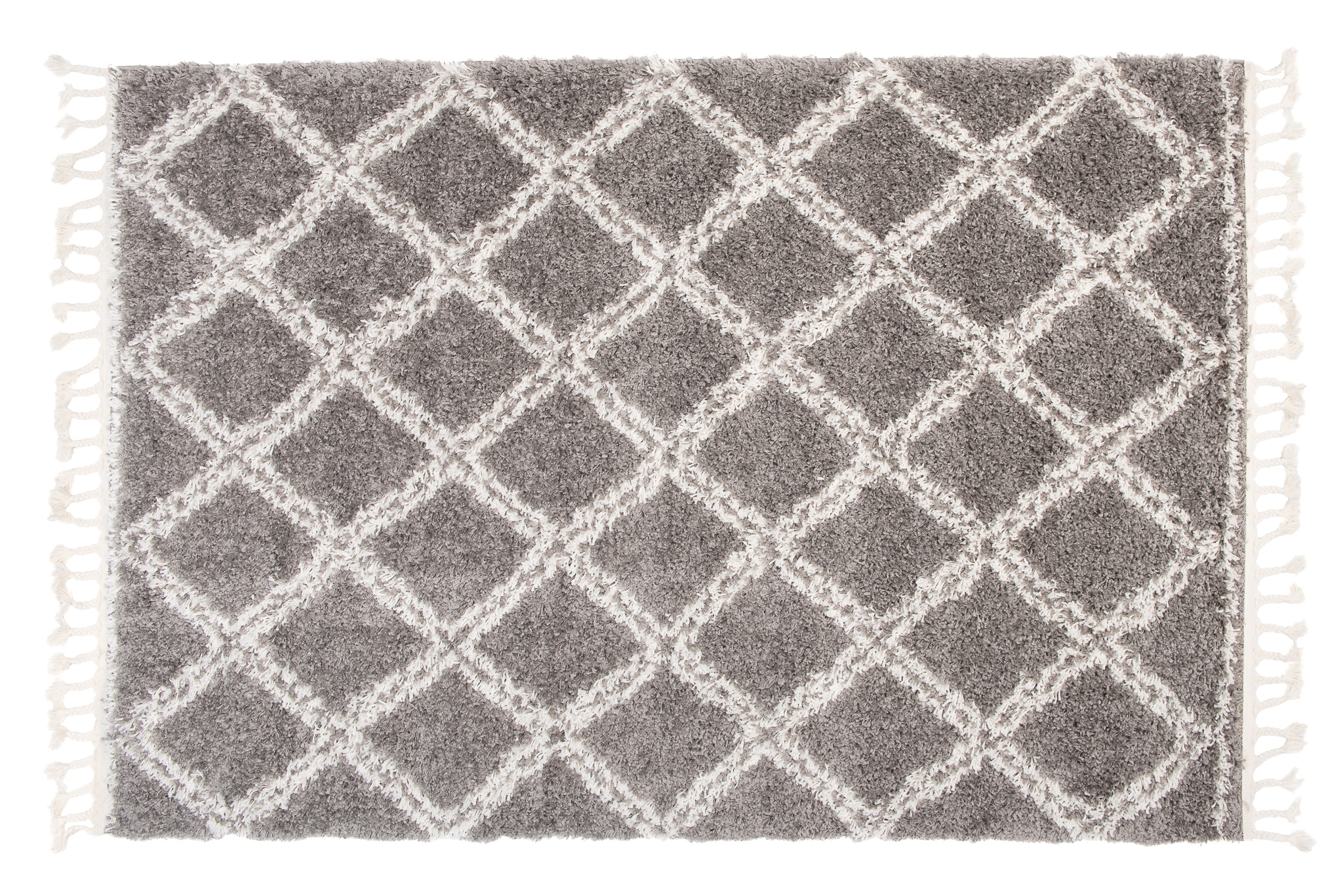 Teppich Boho mit Fransen Grau Gitter Shaggy