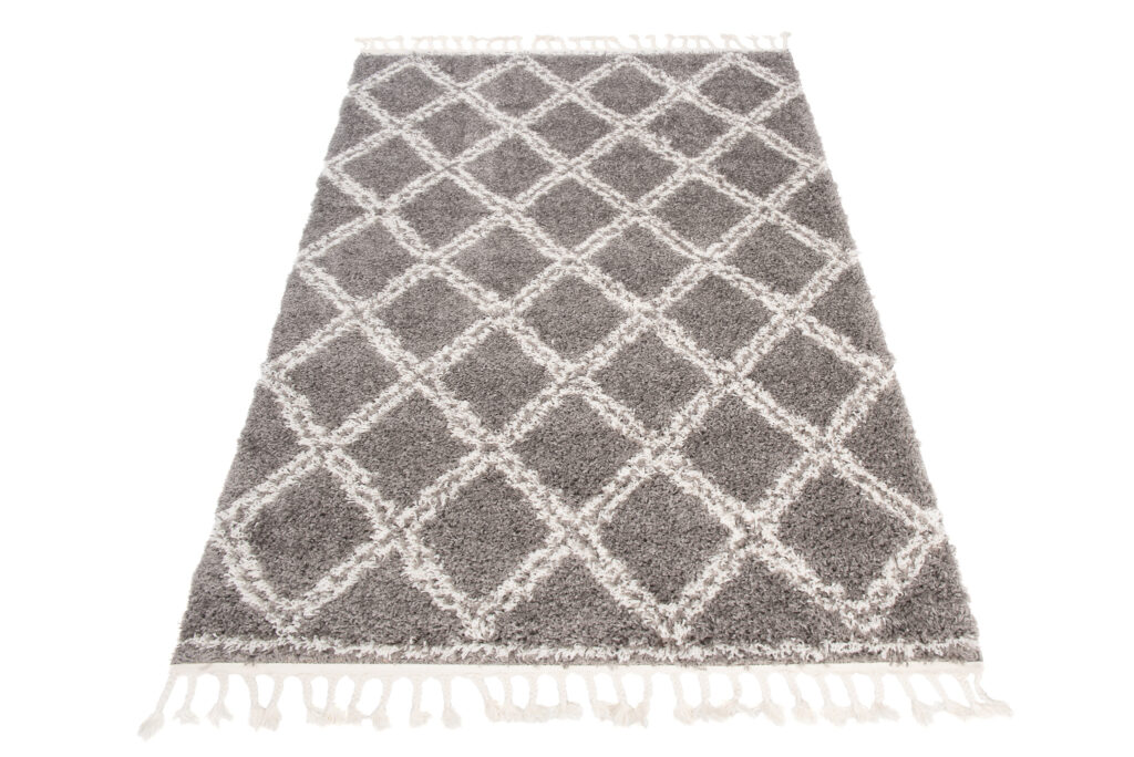 Teppich Boho mit Fransen Grau Gitter Shaggy