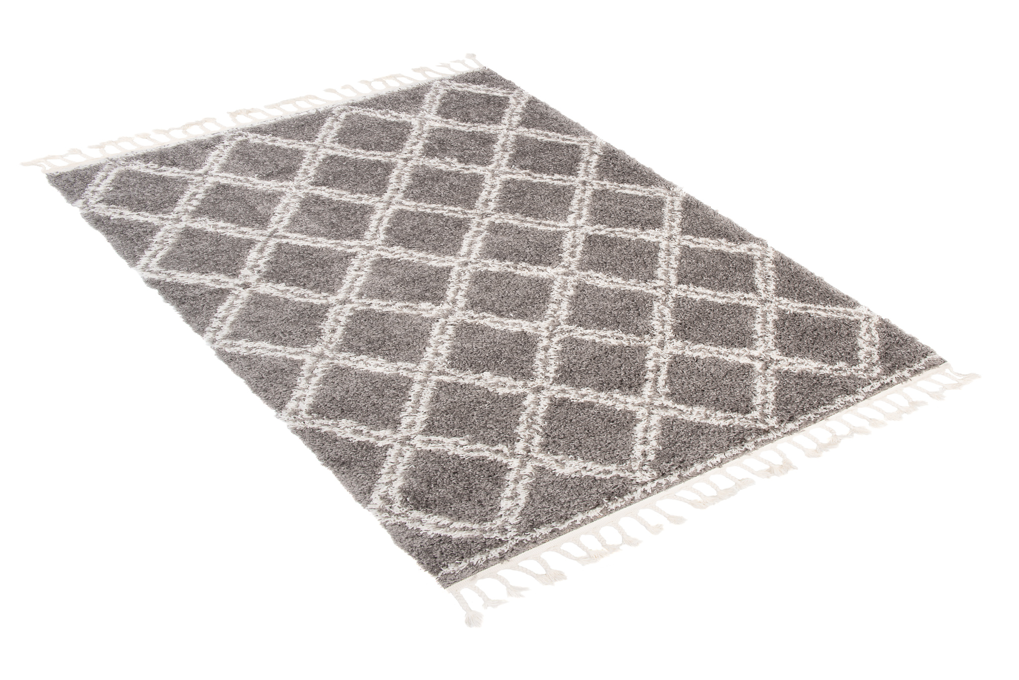 Teppich Boho mit Fransen Grau Gitter Shaggy