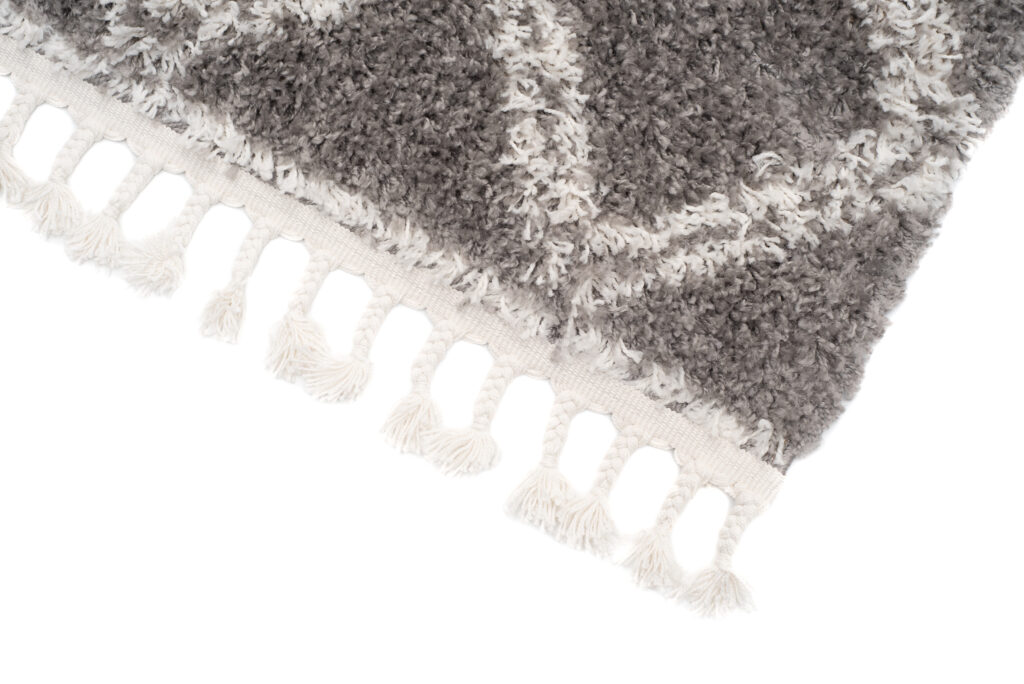 Teppich Boho mit Fransen Grau Gitter Shaggy
