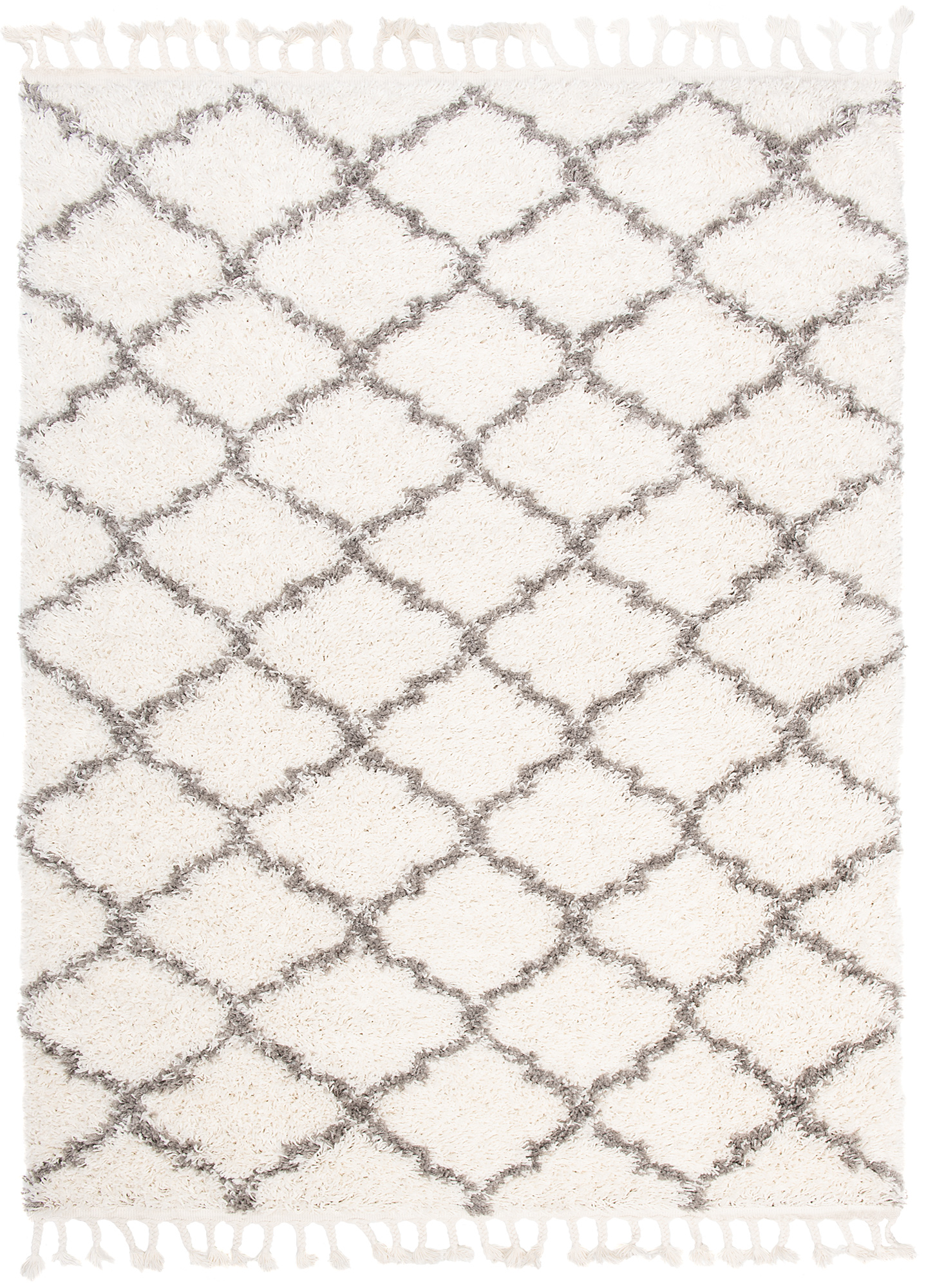 Teppich Boho mit Fransen Creme Gitter Shaggy