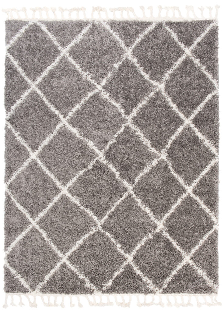 Teppich Boho mit Fransen Grau Rauten Shaggy