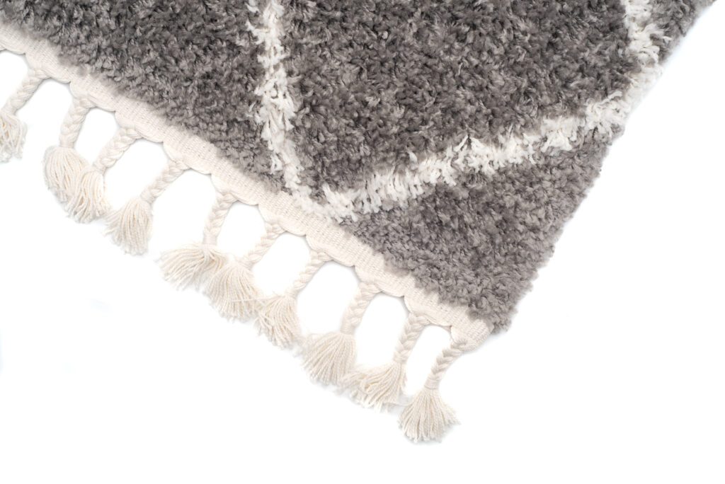 Teppich Boho mit Fransen Grau Rauten Shaggy