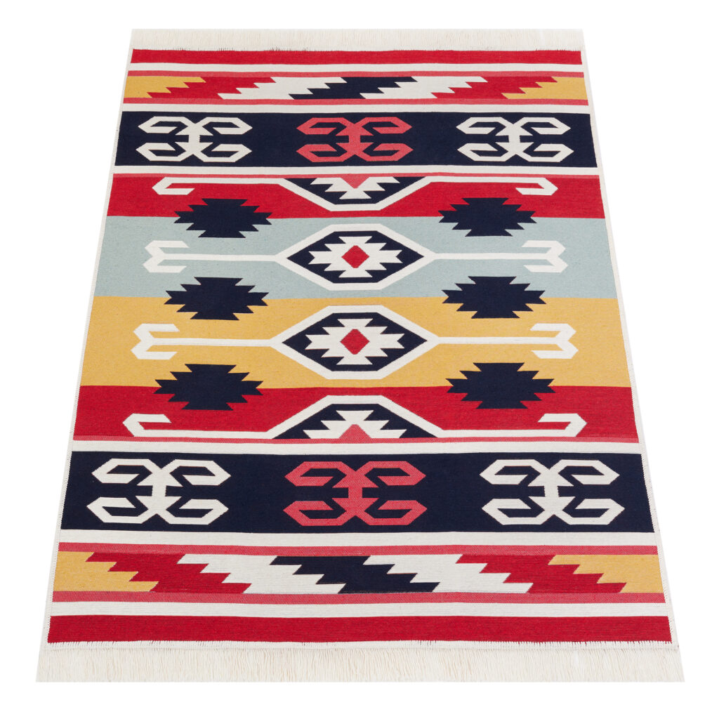 Teppich Azteca Baumwolle Rot Blau mit Fransen