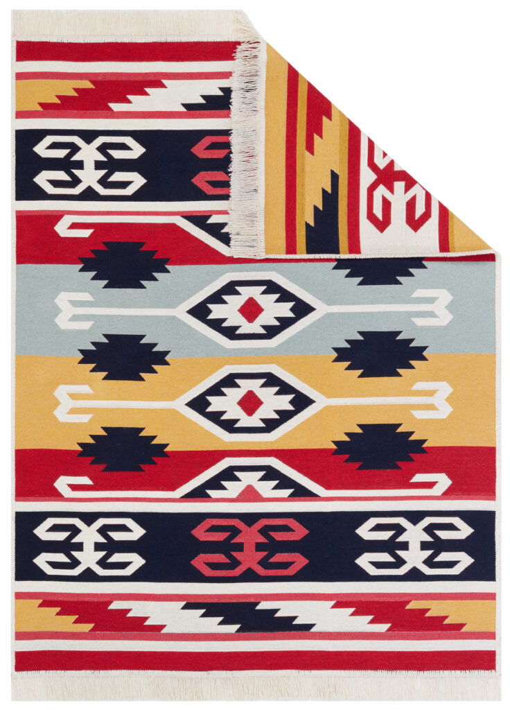 Teppich Azteca Baumwolle Rot Blau mit Fransen