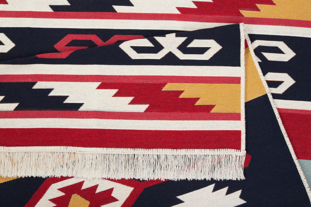 Teppich Azteca Baumwolle Rot Blau mit Fransen