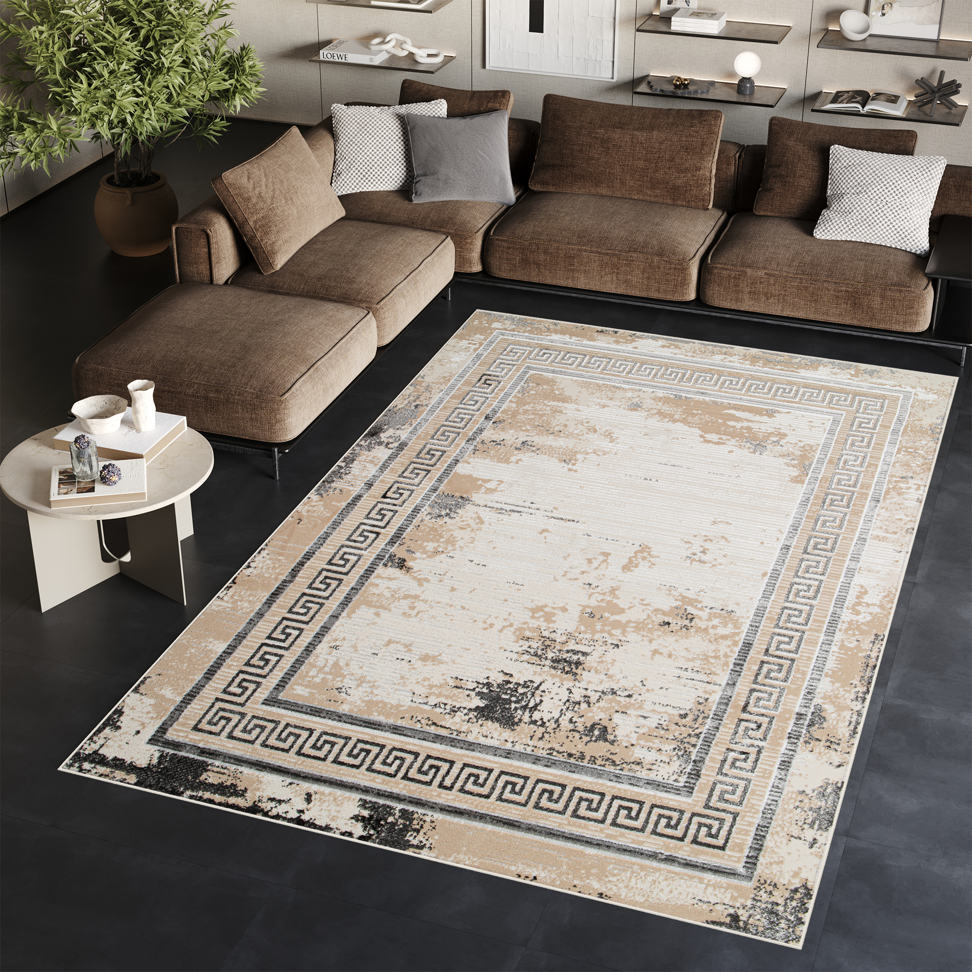 Teppich Ares Grau Beige Rahmen Verwischt
