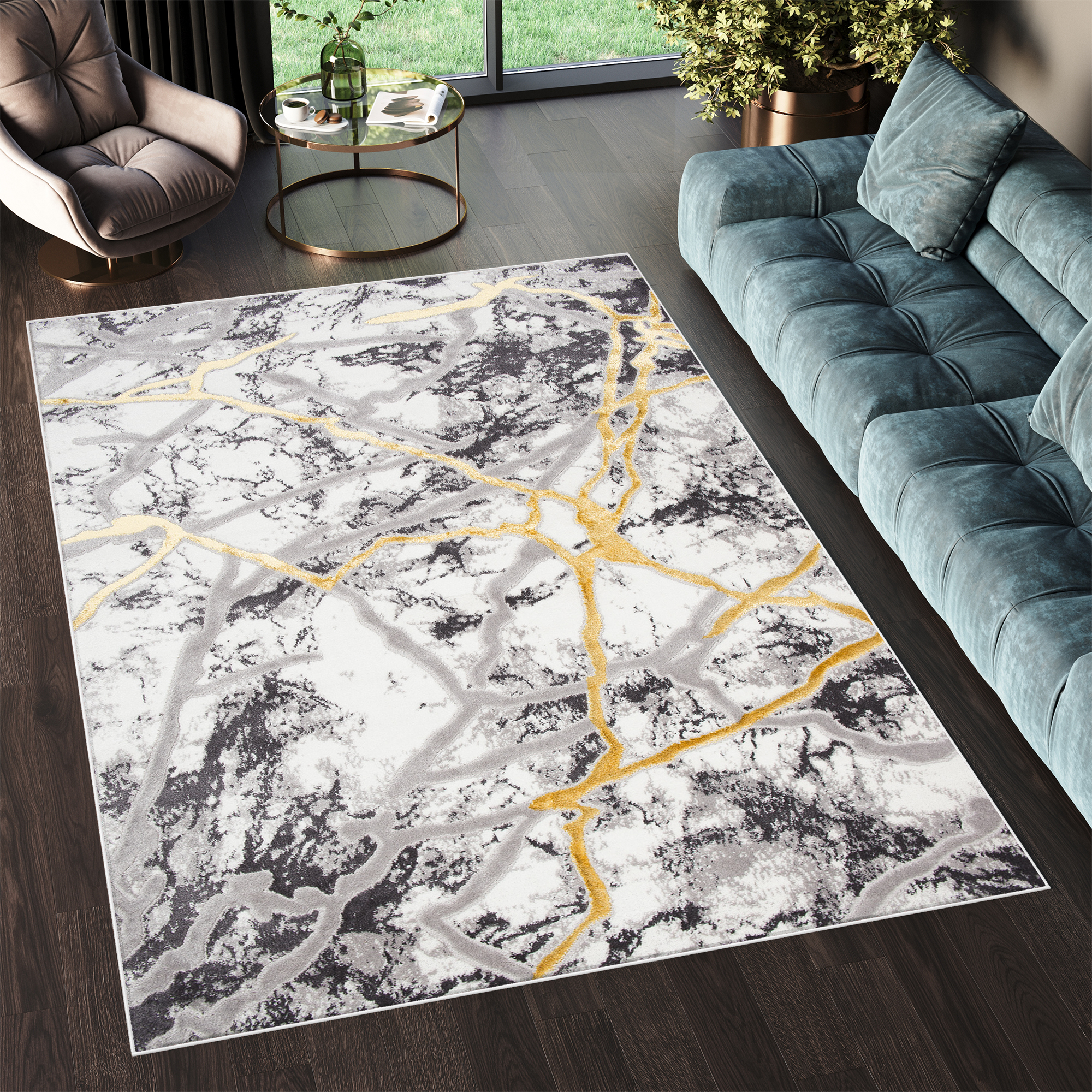 Teppich Shine Grau Gold Abstrakt Marmor Effekt 3D