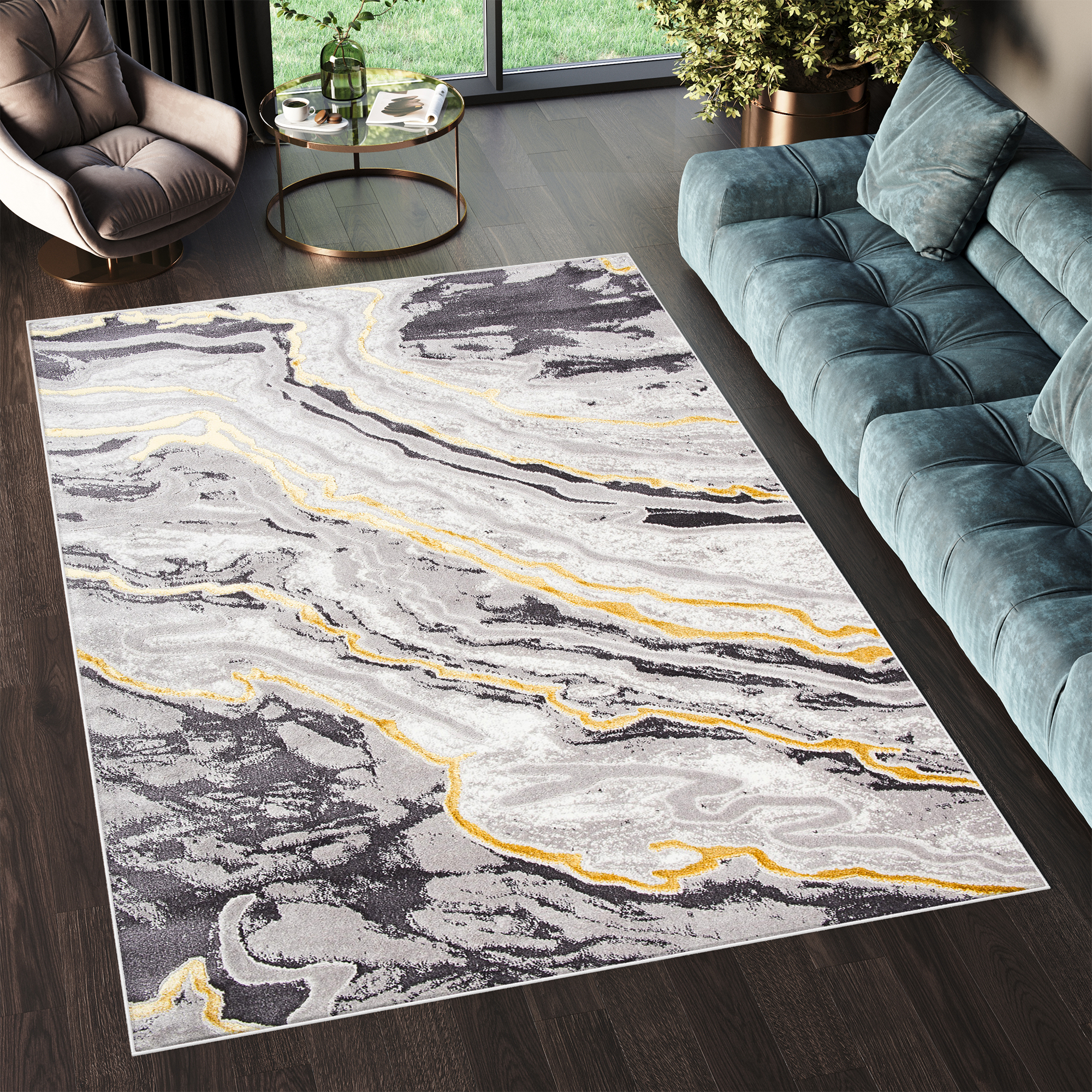 Teppich Shine Grau Gold Modern Effekt 3D