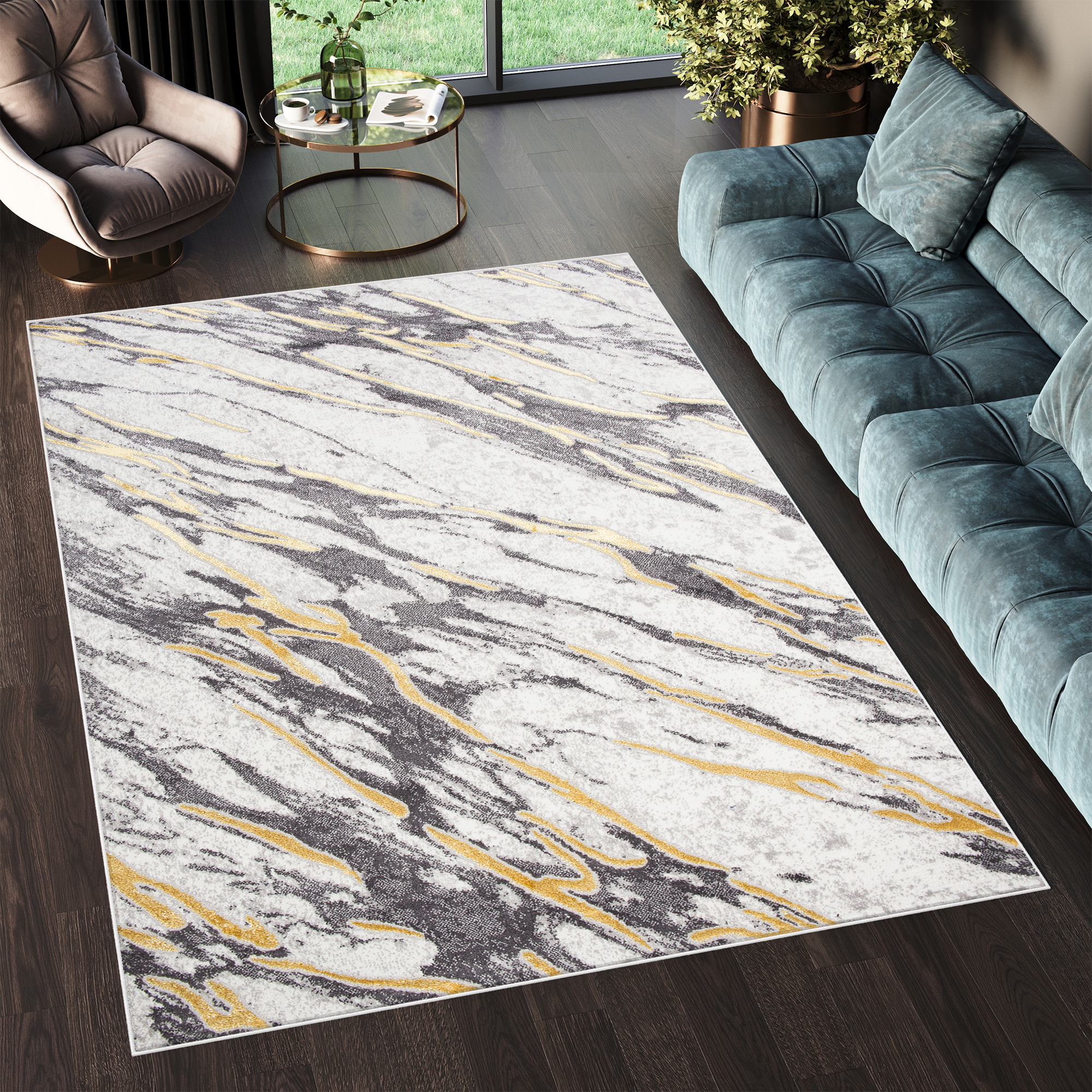 Teppich Shine Grau Gold Marmor Abstrakt Effekt 3D