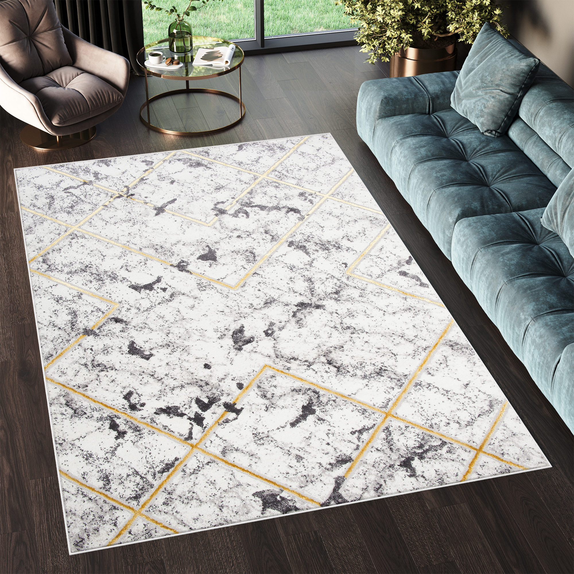 Teppich Shine Grau Gold Geometrisch Linien Effekt 3D