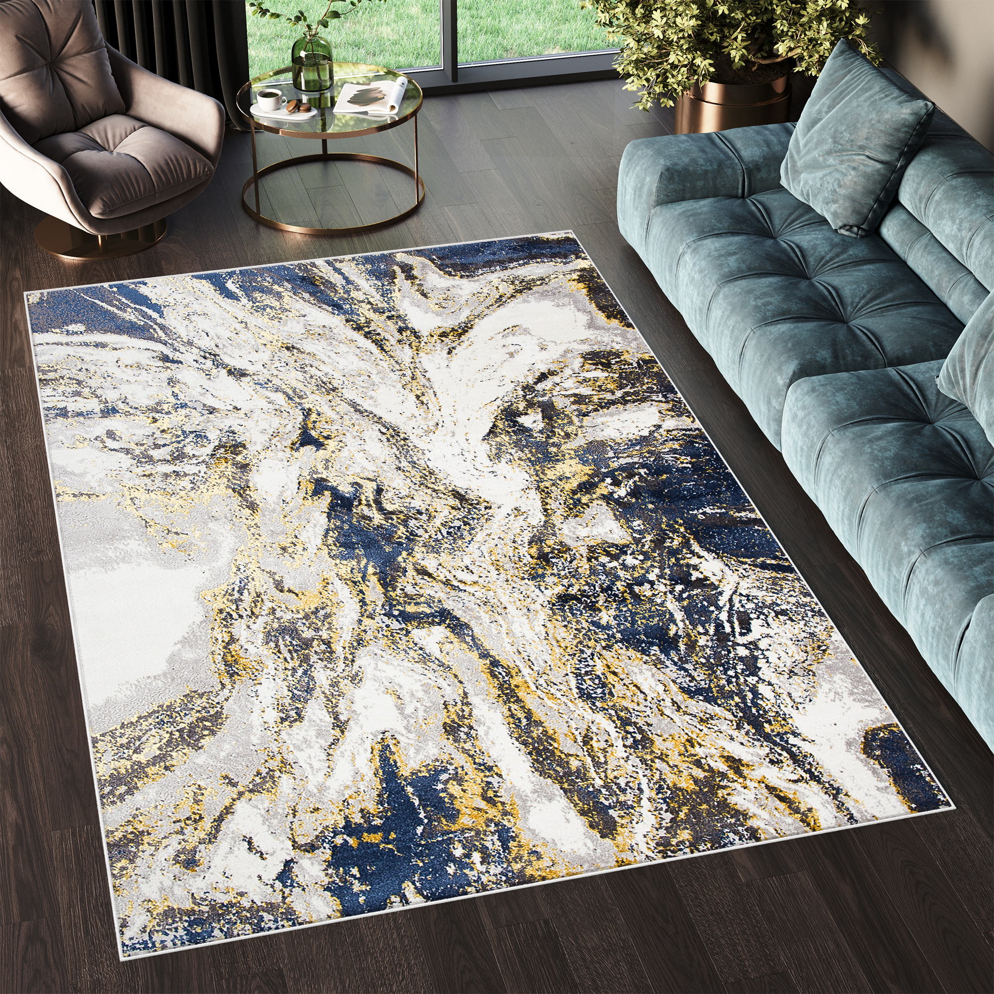 Teppich Shine Dunkelblau Creme Gold Abstrakt Effekt 3D