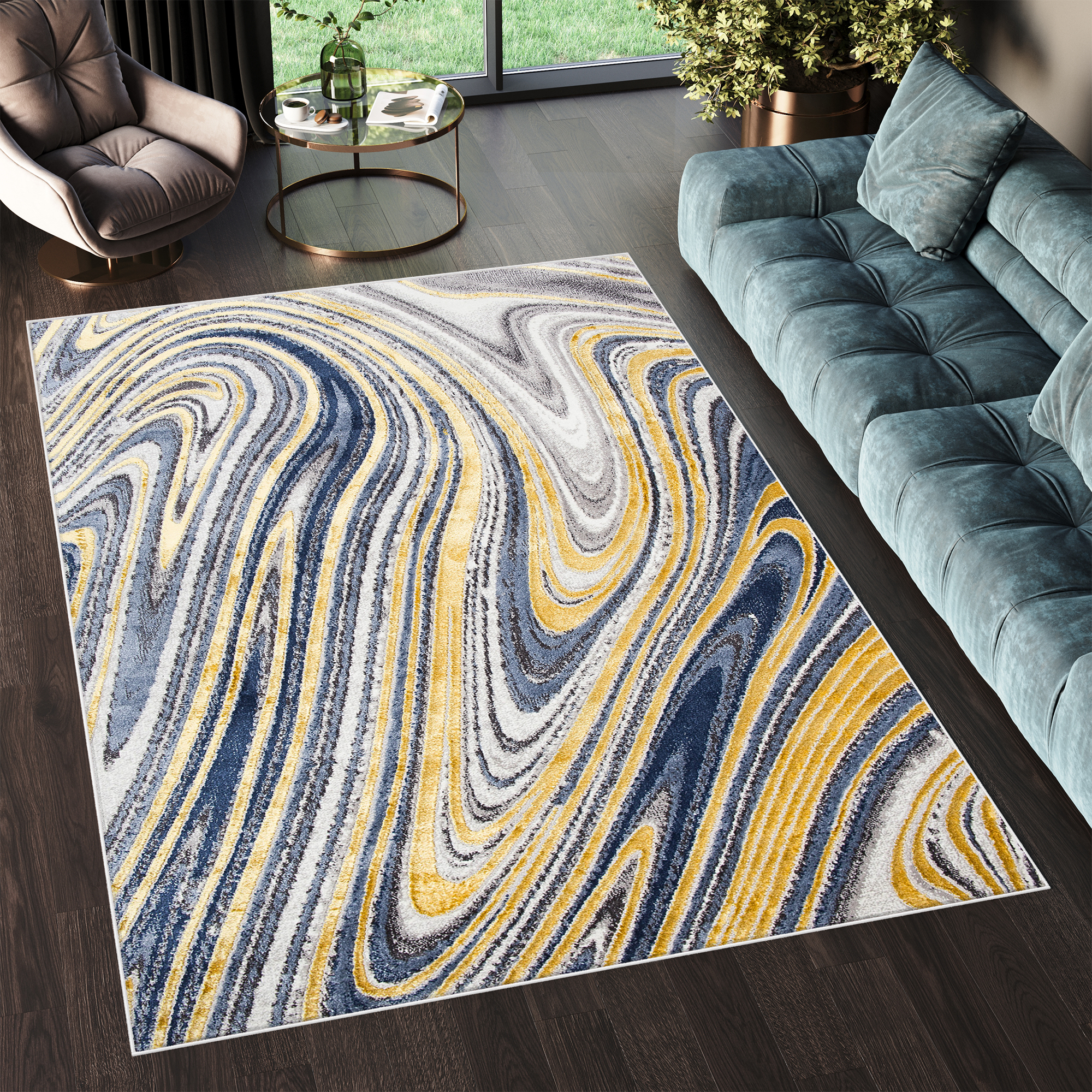 Teppich Shine Gold Blau Grau Abstrakt Effekt 3D