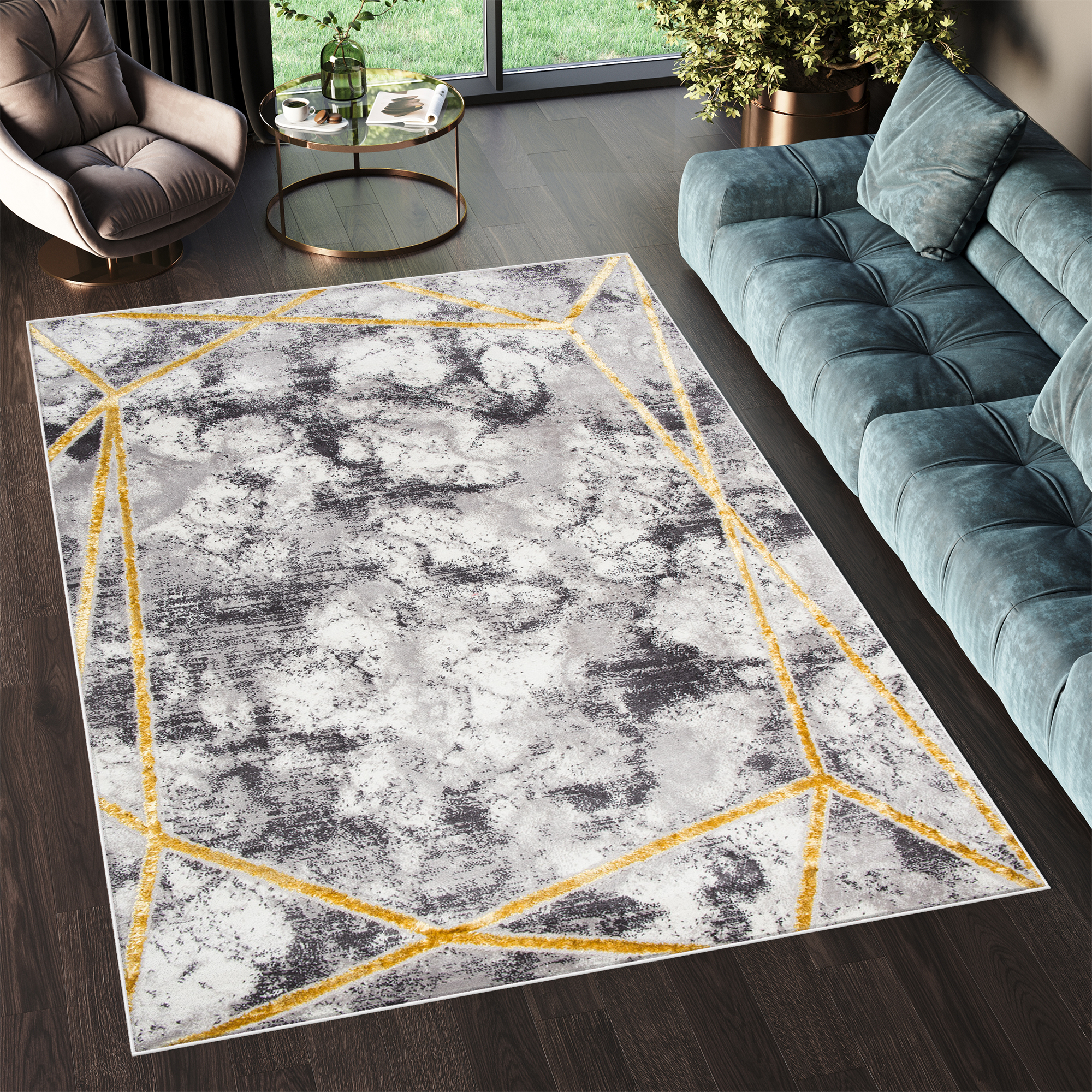 Teppich Shine Grau Gold Modern Linien Effekt 3D