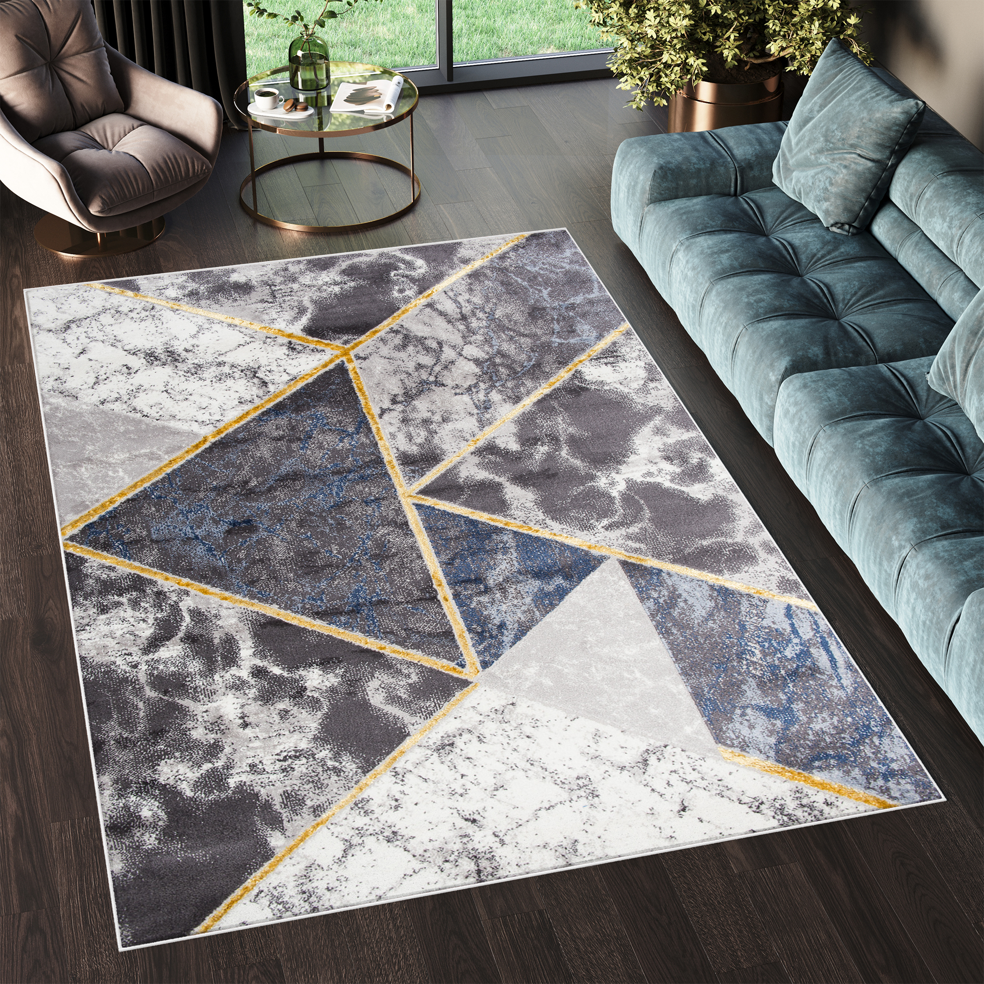 Teppich Shine Grau Blau Gold Geometrisch Effekt 3D