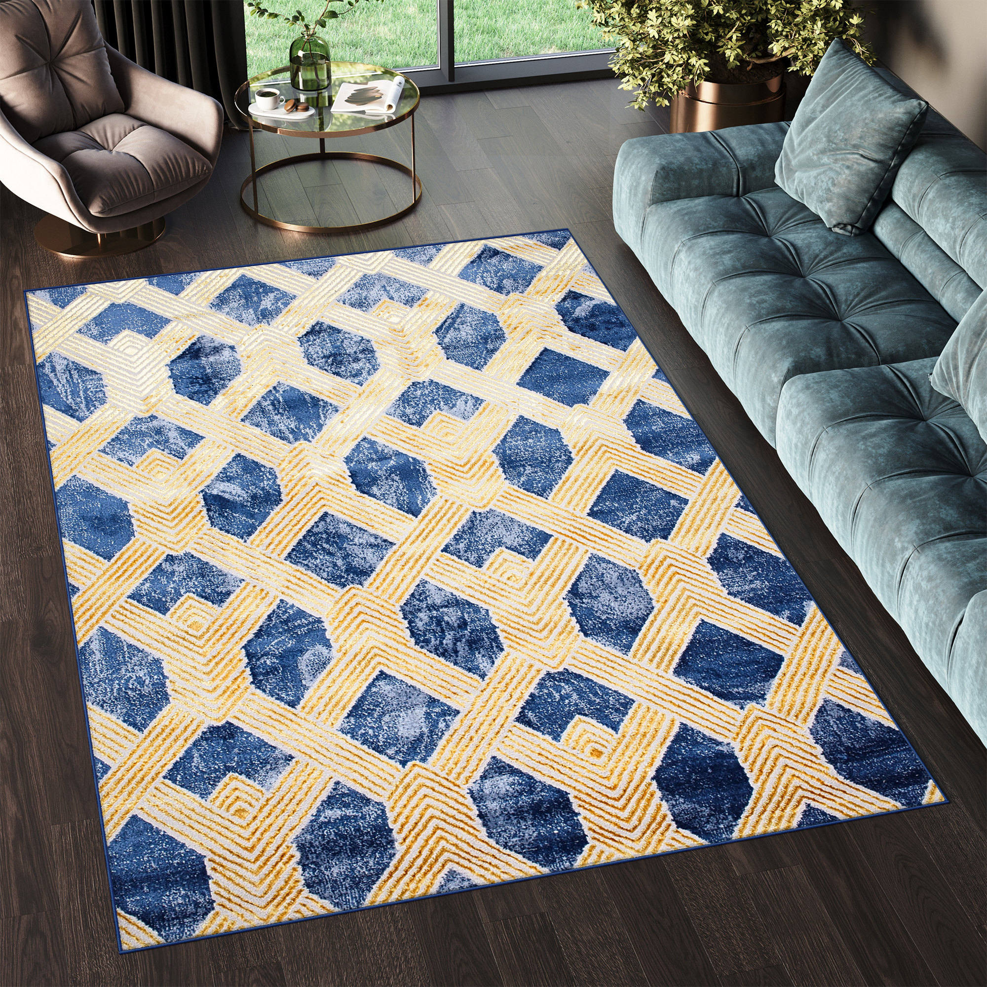 Teppich Shine Dunkelblau Gold Geometrischer Effekt 3D