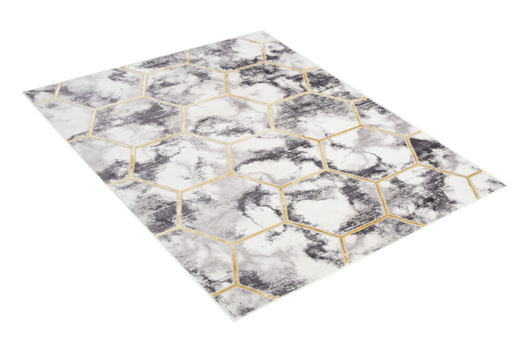 Teppich Shine Grau Gold Sechseck Geometrisch Effekt 3D