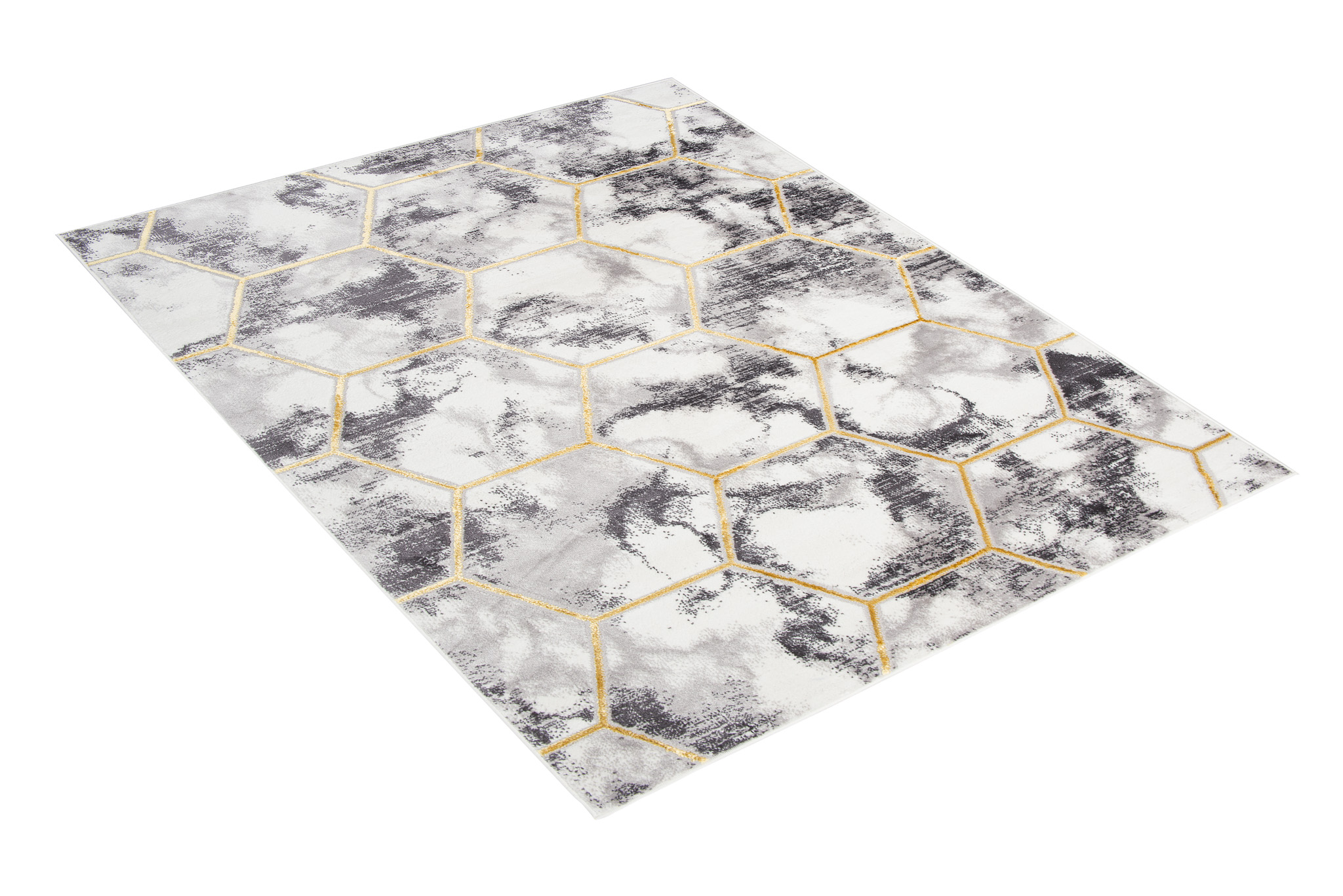 Teppich Shine Grau Gold Sechseck Geometrisch Effekt 3D