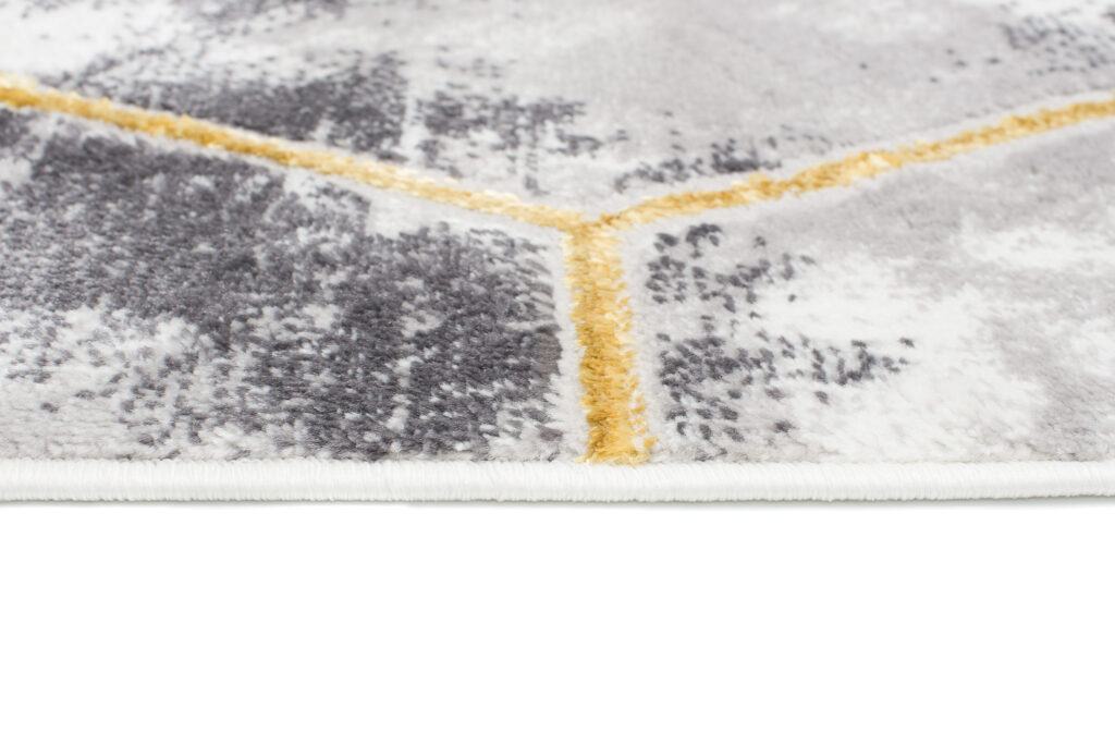 Teppich Shine Grau Gold Sechseck Geometrisch Effekt 3D