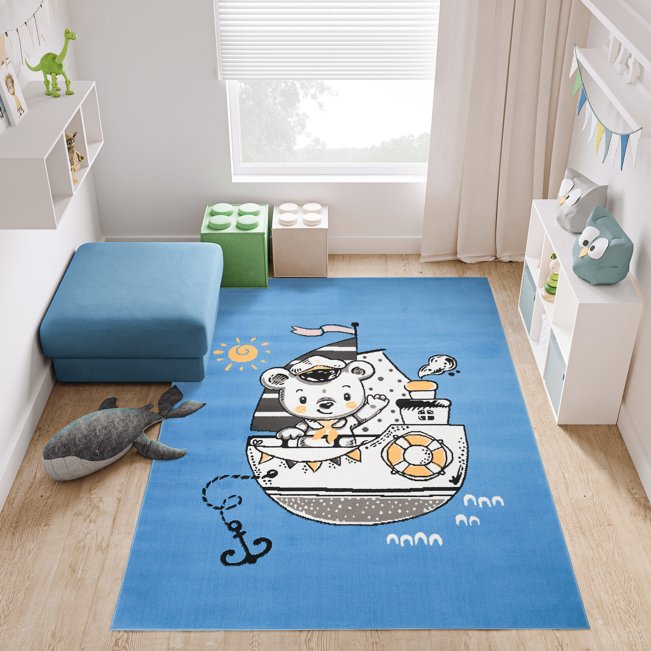 Teppich Jolly Kurzflor Kinderteppich Spielmatte Blau Gelb Schiff